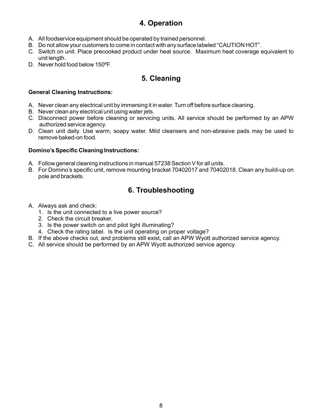 APW FD installation instructions General Cleaning Instructions, Domino’s Specific Cleaning Instructions 