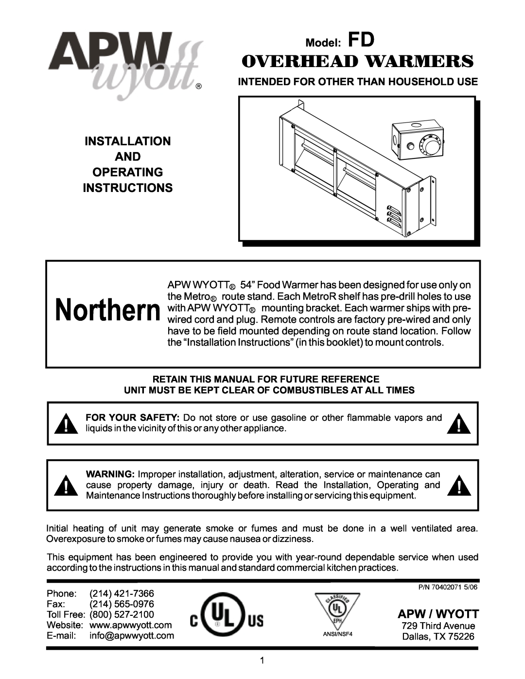 APW installation instructions Installation And Operating Instructions, Apw / Wyott, Overhead Warmers, Model FD 