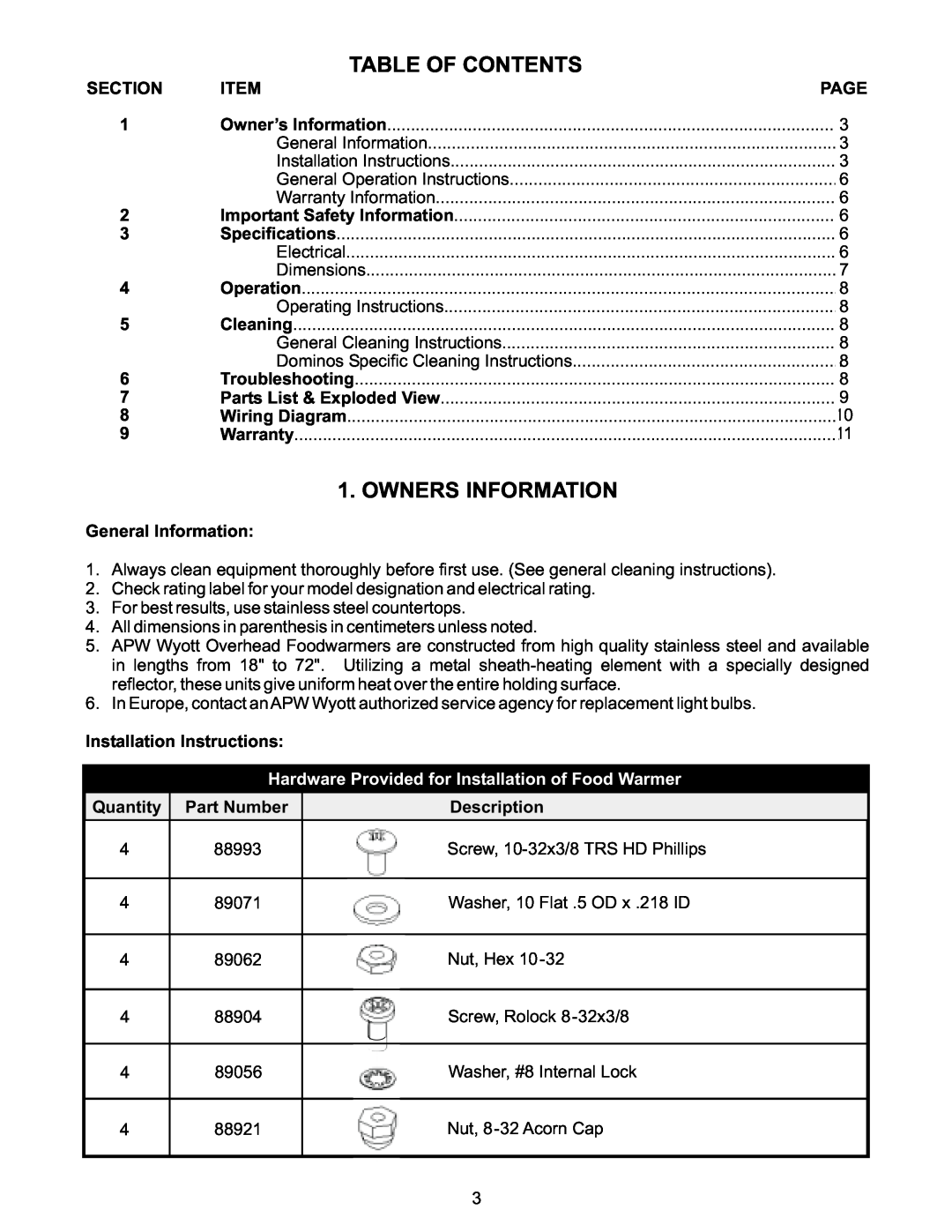 APW FD Table Of Contents, Owners Information, Page, General Information, Installation Instructions, Quantity Part Number 
