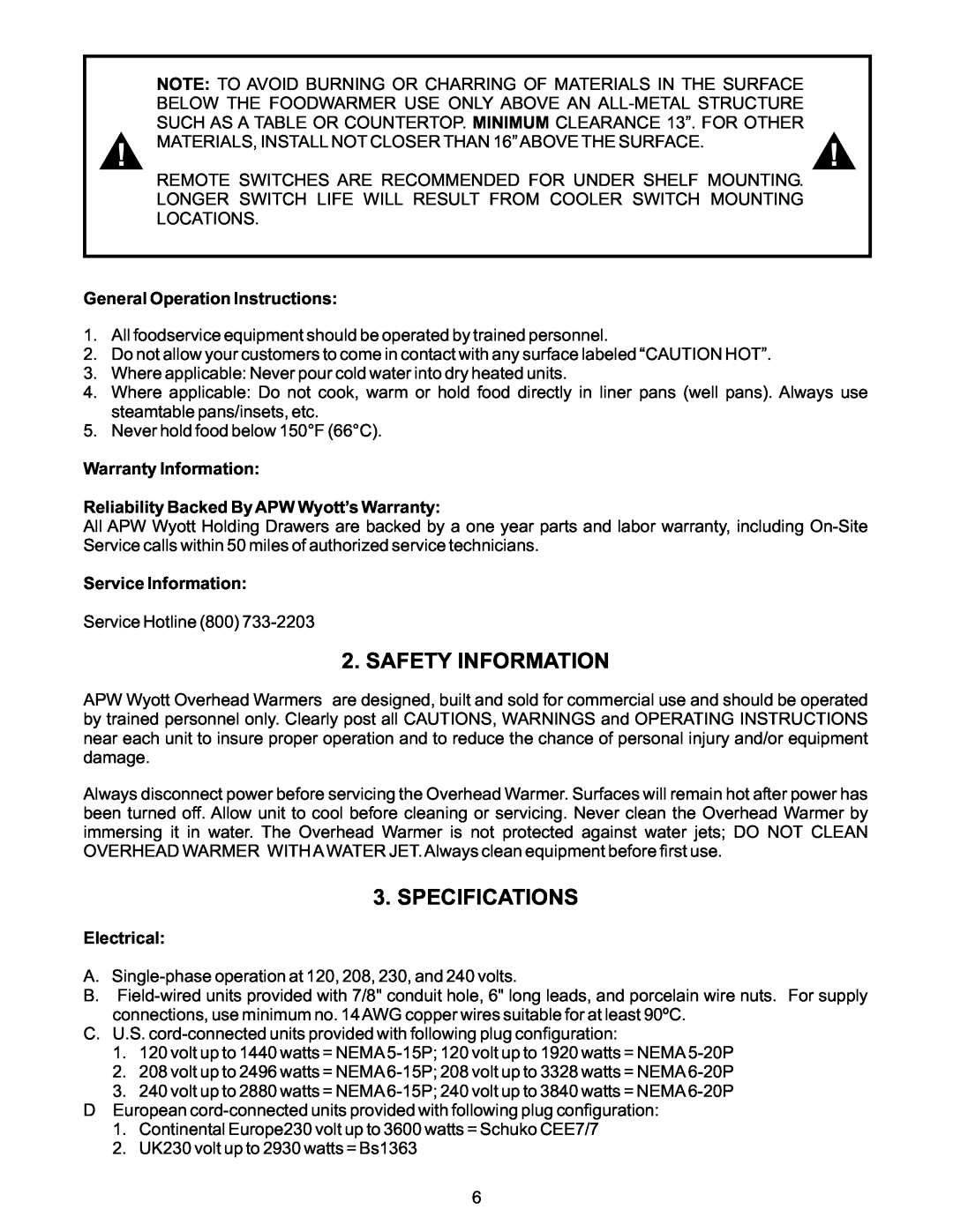 APW FD Safety Information, Specifications, General Operation Instructions, Warranty Information, Service Information 