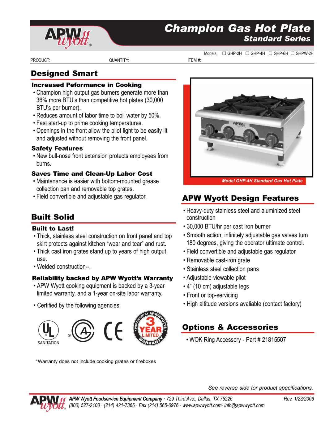 APW GHP-2H, GHPW-2H, GHP-4H, GHP-6H warranty Designed Smart, Built Solid, APW Wyott Design Features, Options & Accessories 