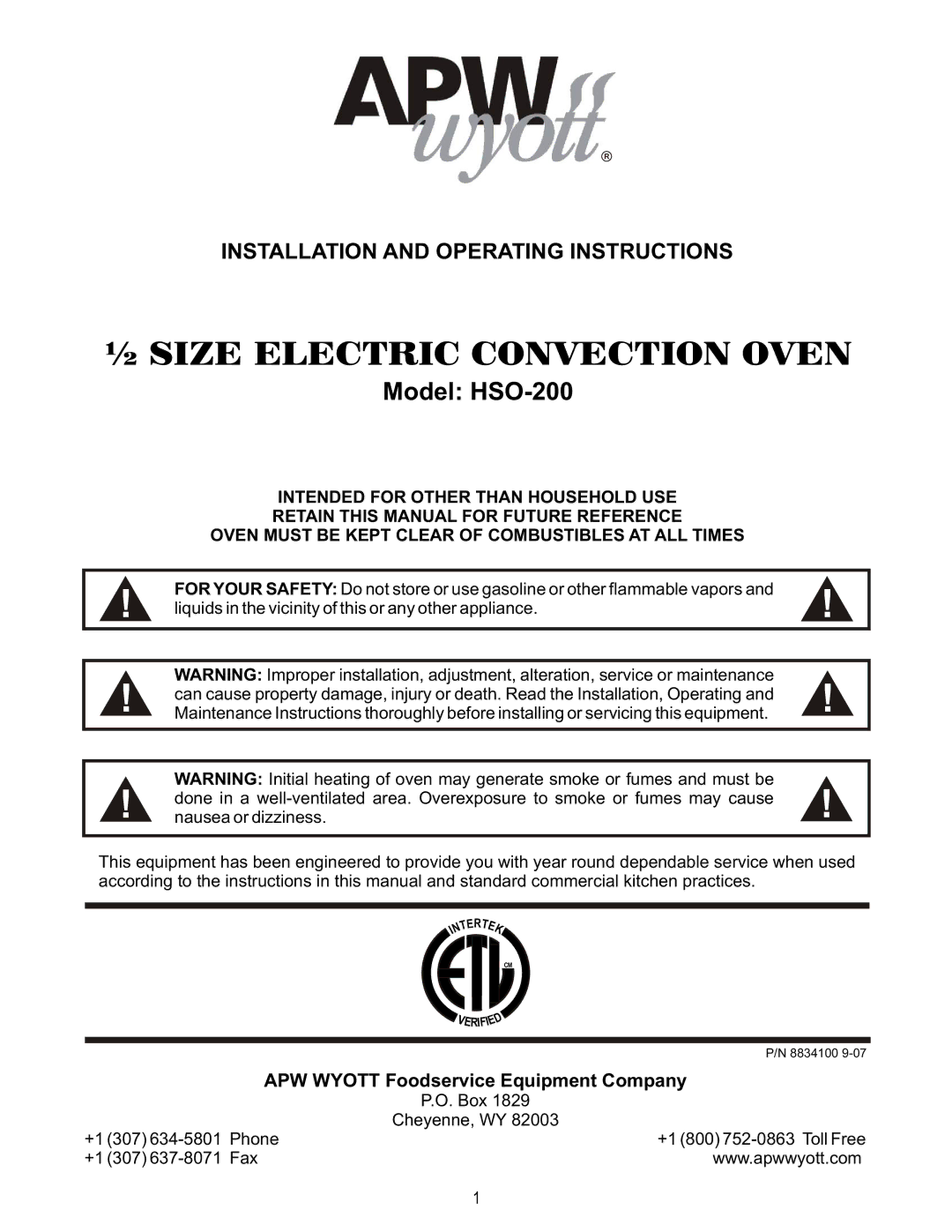 APW HSO-200 manual ½ Size Electric Convection Oven, Installation and Operating Instructions 