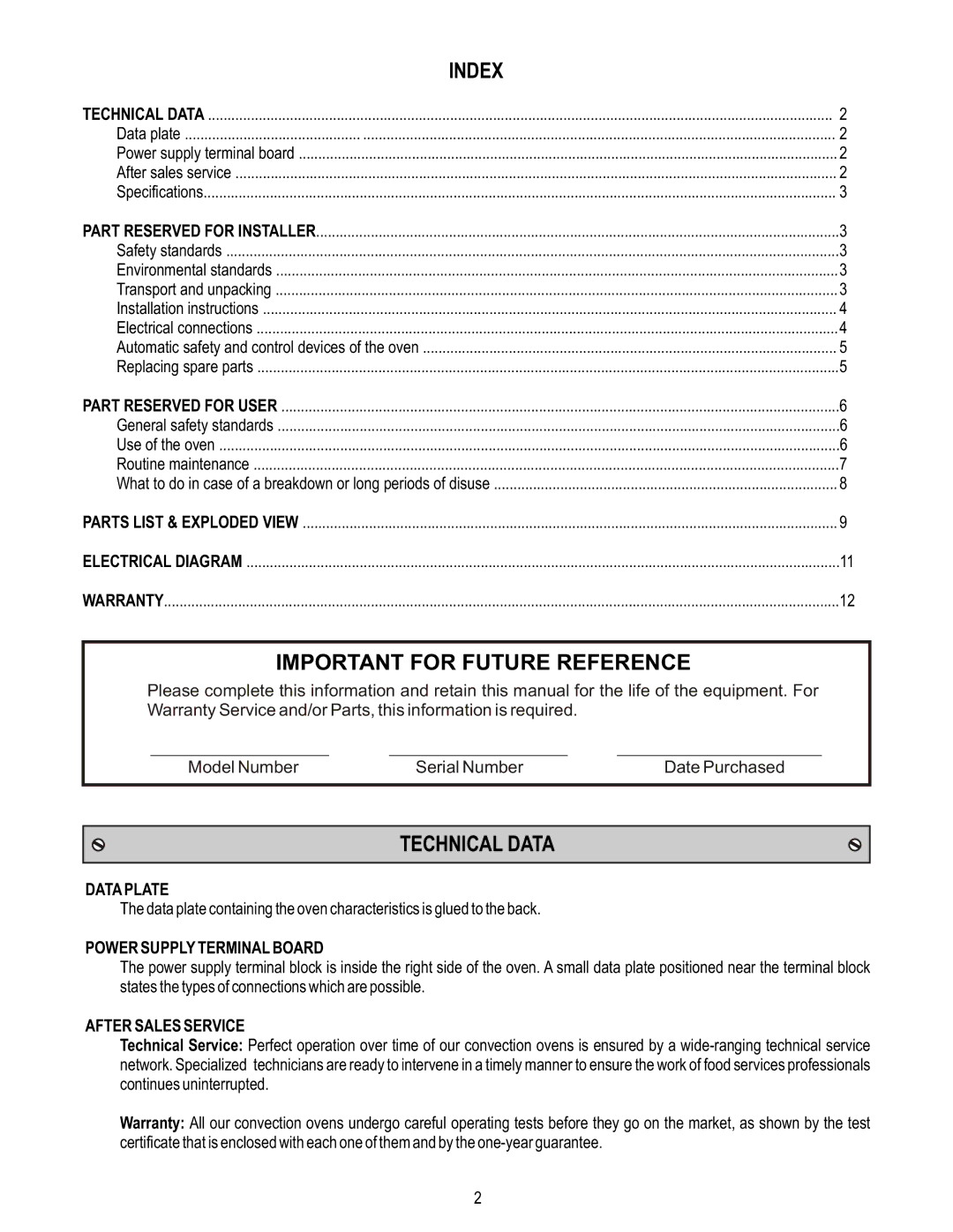 APW HSO-200 manual Index, Important for Future Reference, Technical Data 