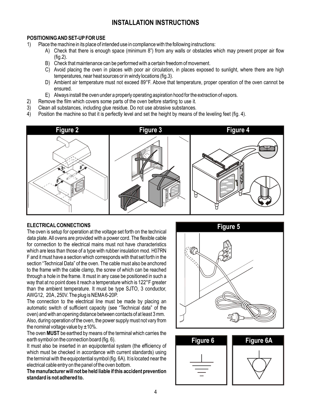 APW HSO-200 manual Installation Instructions, Positioning and SET-UP for USE, Electrical Connections 