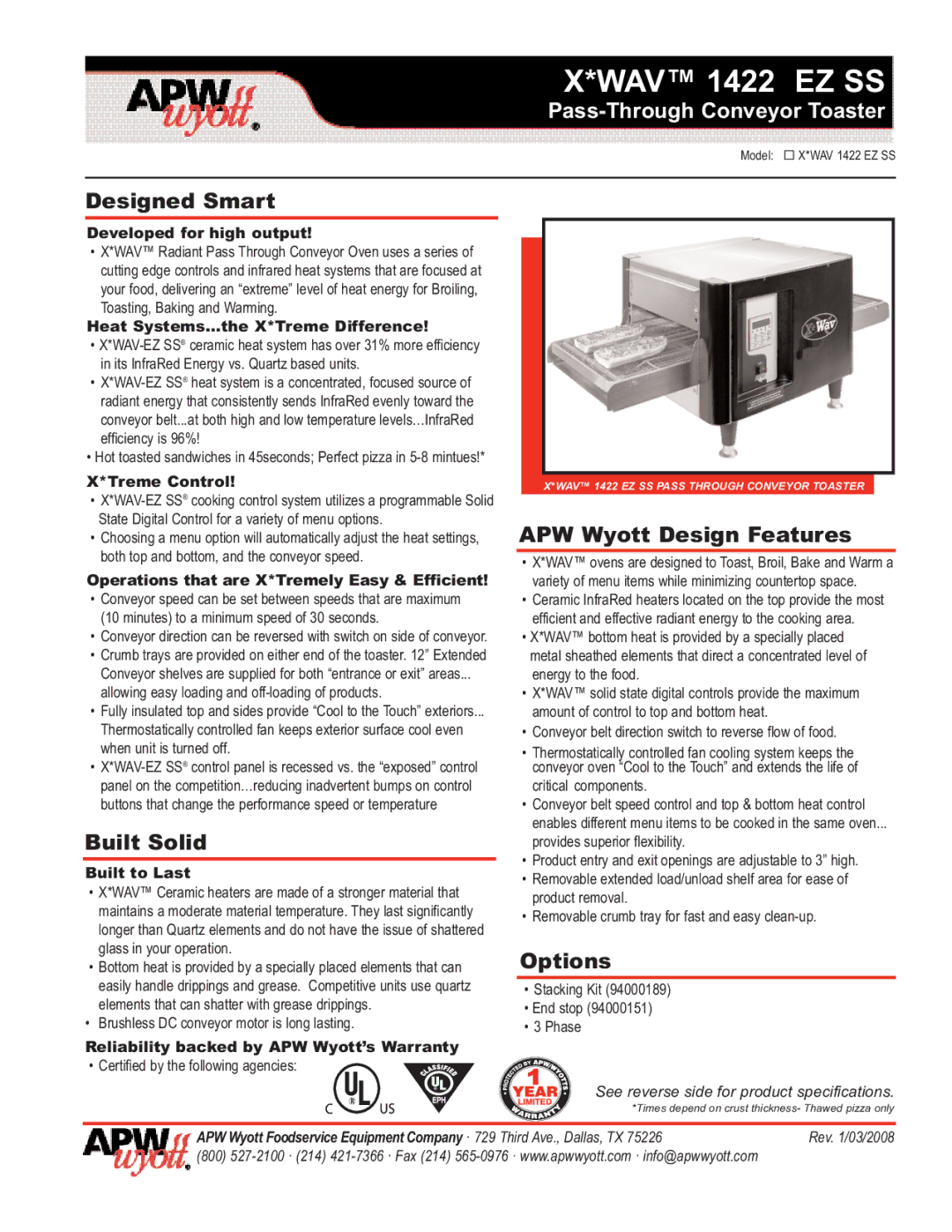 APW Wyott 1422 EZ SS warranty Designed Smart, Built Solid, APW Wyott Design Features, Options 