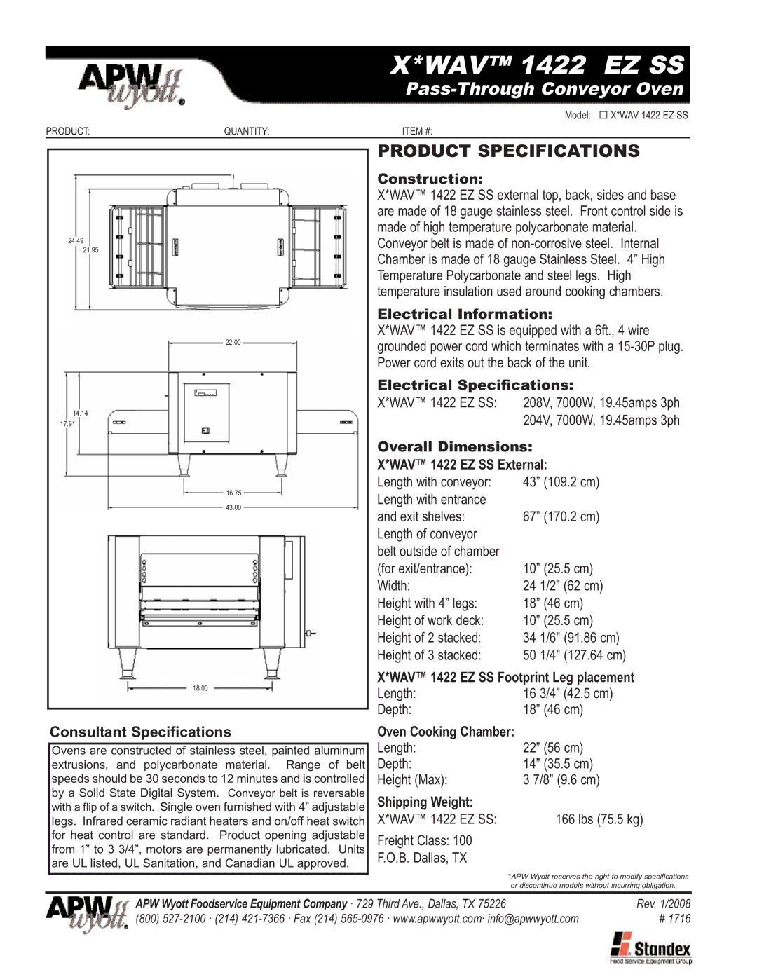 APW Wyott 1422 EZ SS warranty Construction, Electrical Information, Electrical Specifications, Oven Cooking Chamber 