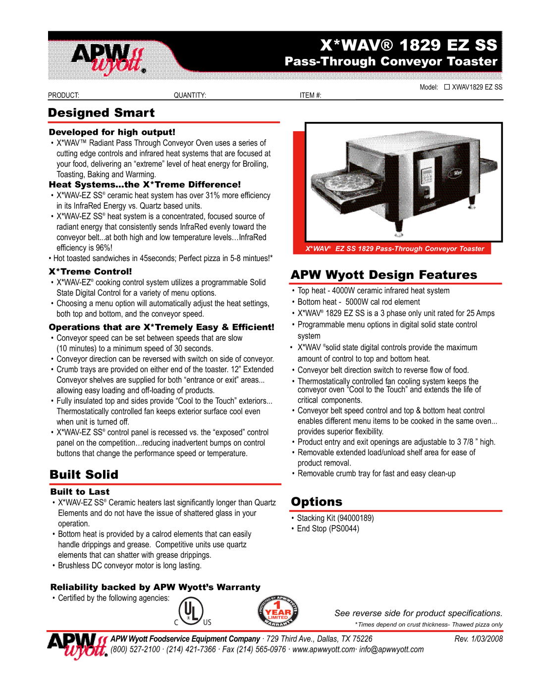 APW Wyott warranty WAV 1829 EZ SS, Designed Smart, Built Solid, APW Wyott Design Features, Options 