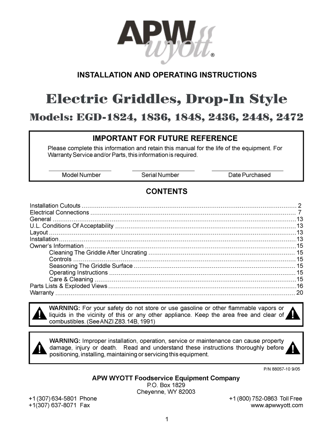 APW Wyott 2472, 1848, 2448, 1836, 2436, EGD-1824 operating instructions Area 