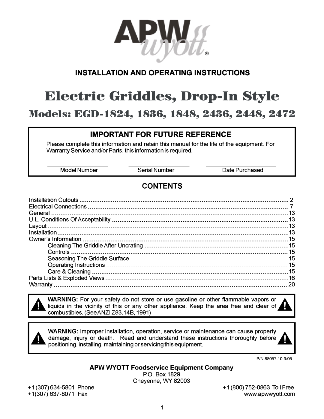 APW Wyott 2472 operating instructions P/N88057-10!9/05, area, Gneral, TheGriddleSurface, Contents, Keep, flmmablevapors 
