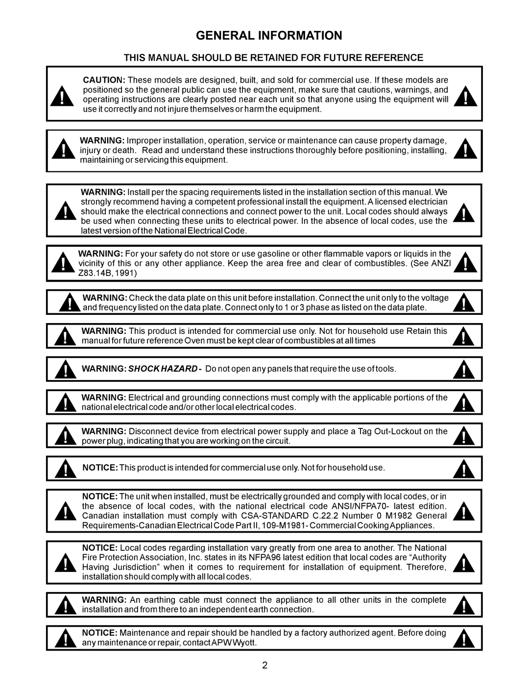 APW Wyott 36H, 48H, EG 24H manual General Information 