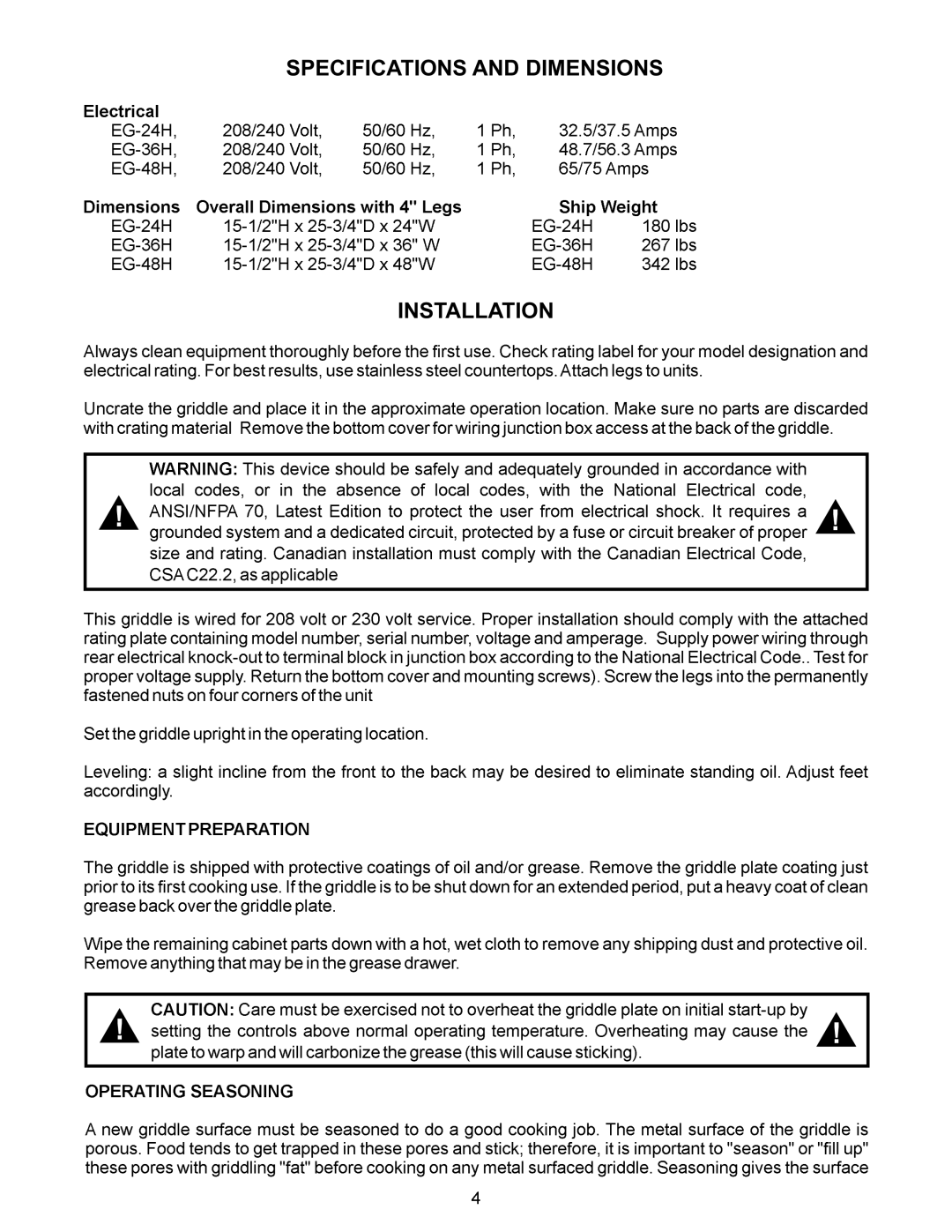 APW Wyott EG 24H, 48H, 36H manual Specifications and Dimensions Installation 