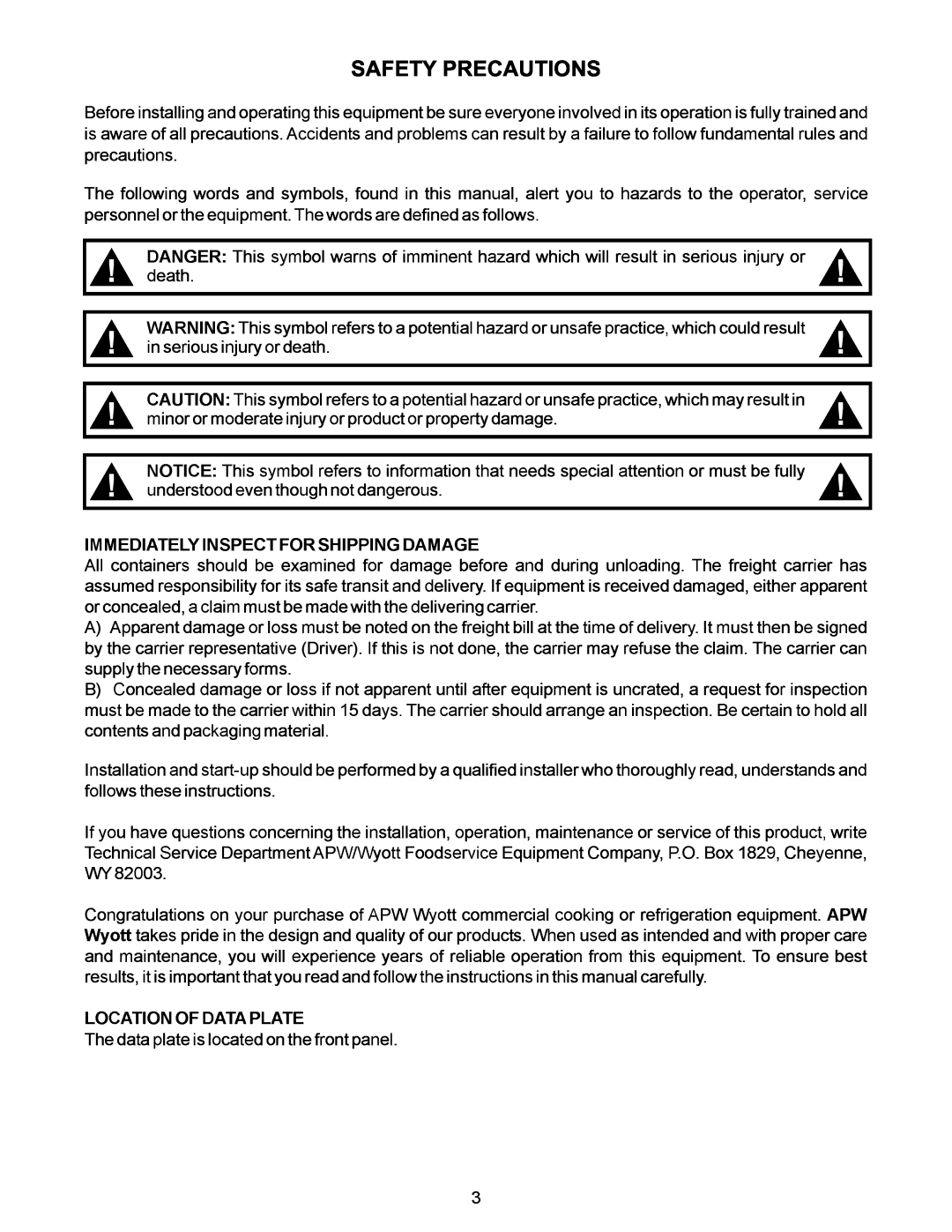APW Wyott 48H, EG 24H, 36H manual Safety Precautions 