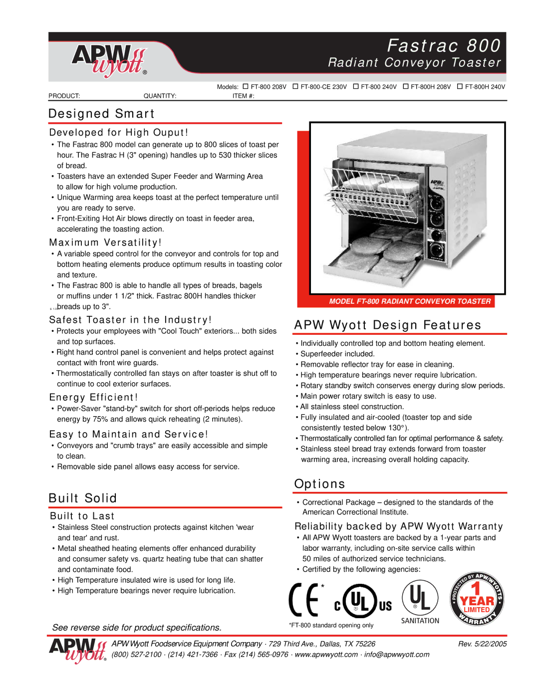 APW Wyott 800 warranty Designed Smart, Built Solid, APW Wyott Design Features, Options 