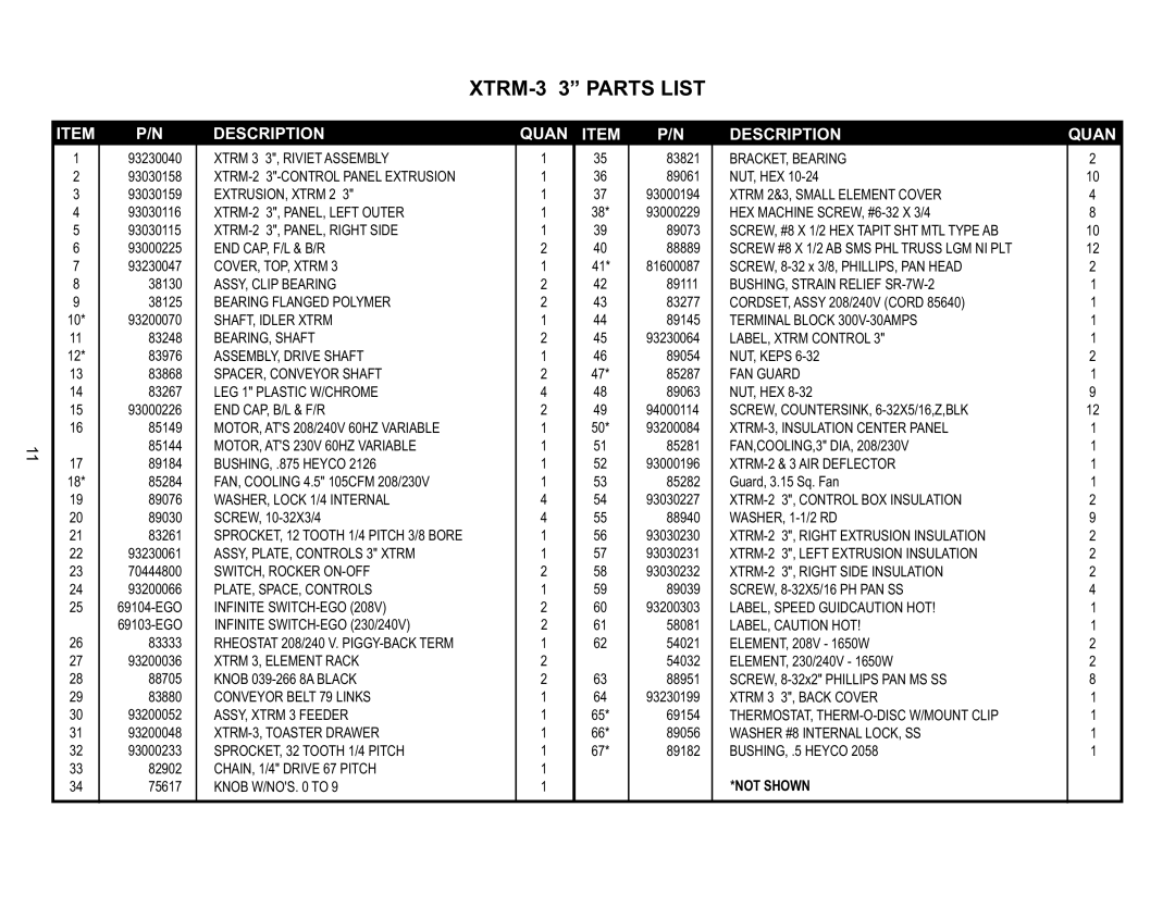 APW Wyott 93030077 manual XTRM-3 3 Parts List 