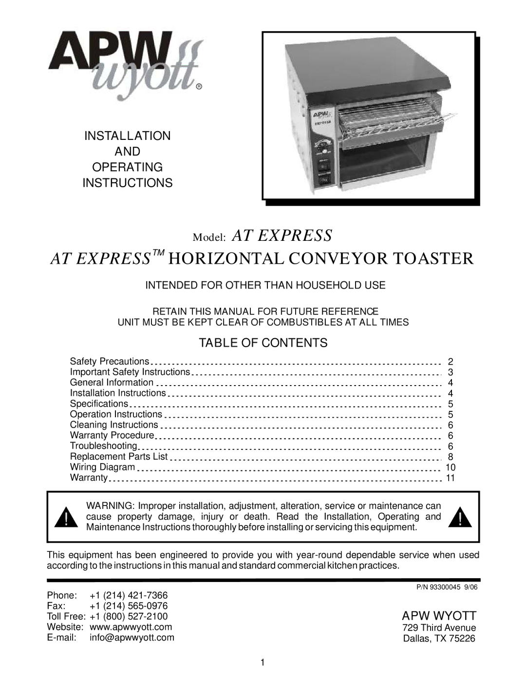 APW Wyott AT Express important safety instructions Installation Operating Instructions, Table of Contents 