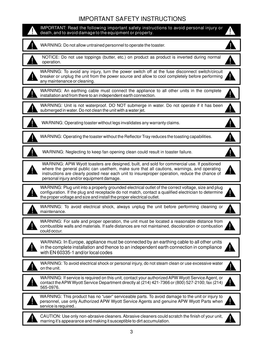 APW Wyott AT Express important safety instructions Important Safety Instructions, With EN 60335-1 and/or local codes 