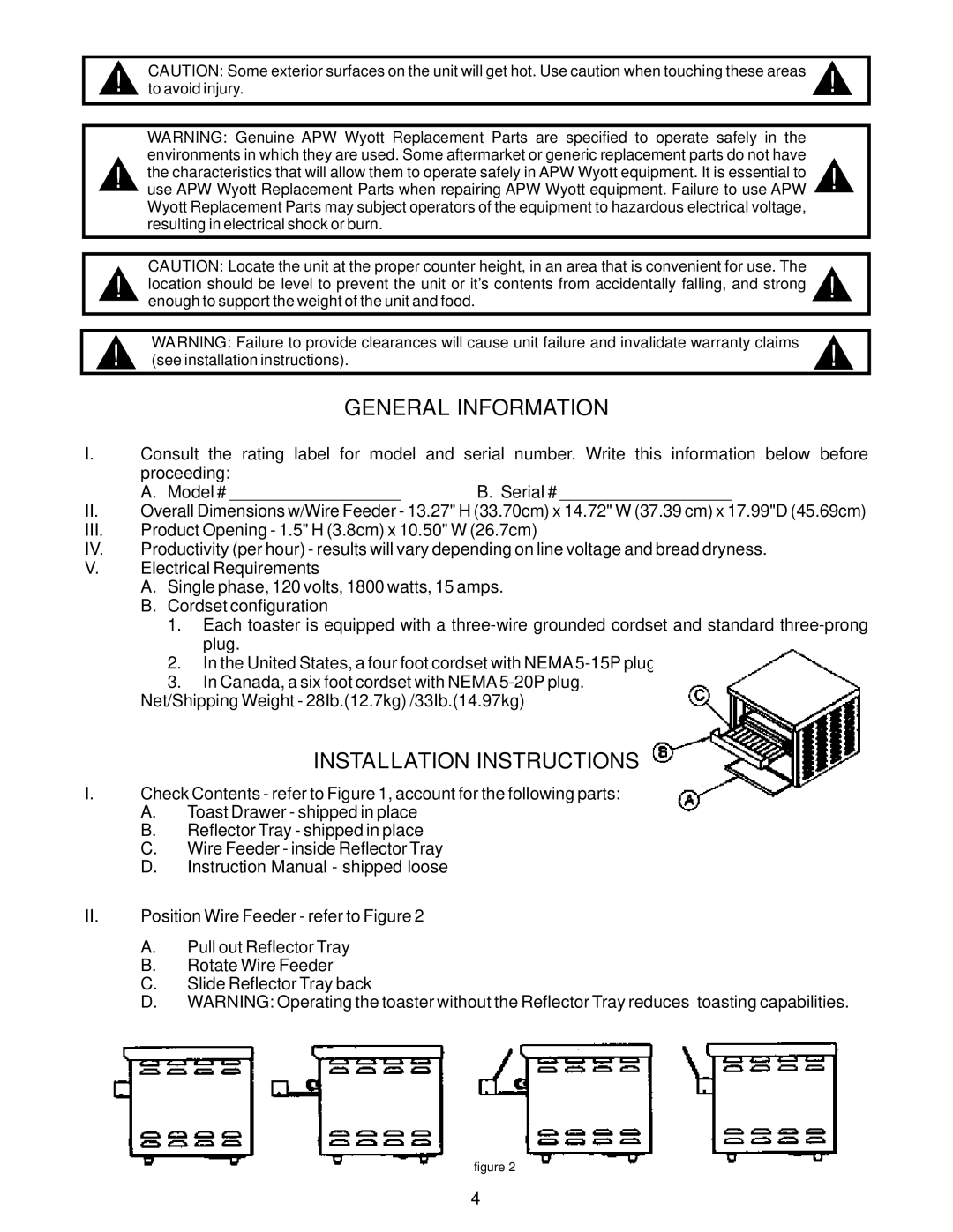 APW Wyott AT Express important safety instructions General Information, Installation Instructions 