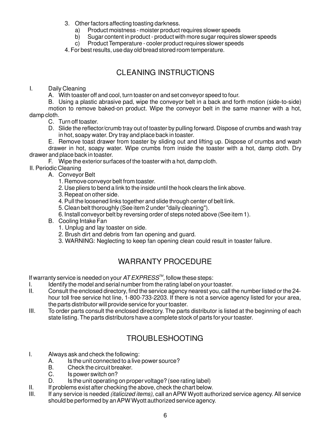 APW Wyott AT Express important safety instructions Cleaning Instructions, Warranty Procedure, Troubleshooting 