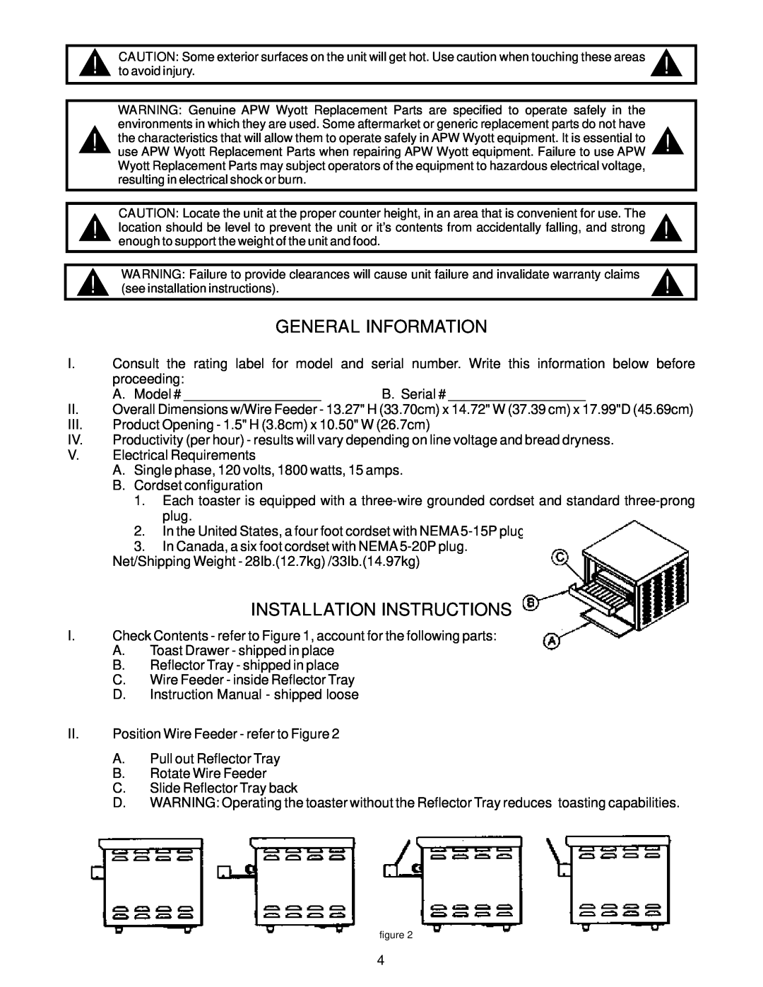 APW Wyott AT Express important safety instructions General Information, Installation Instructions 
