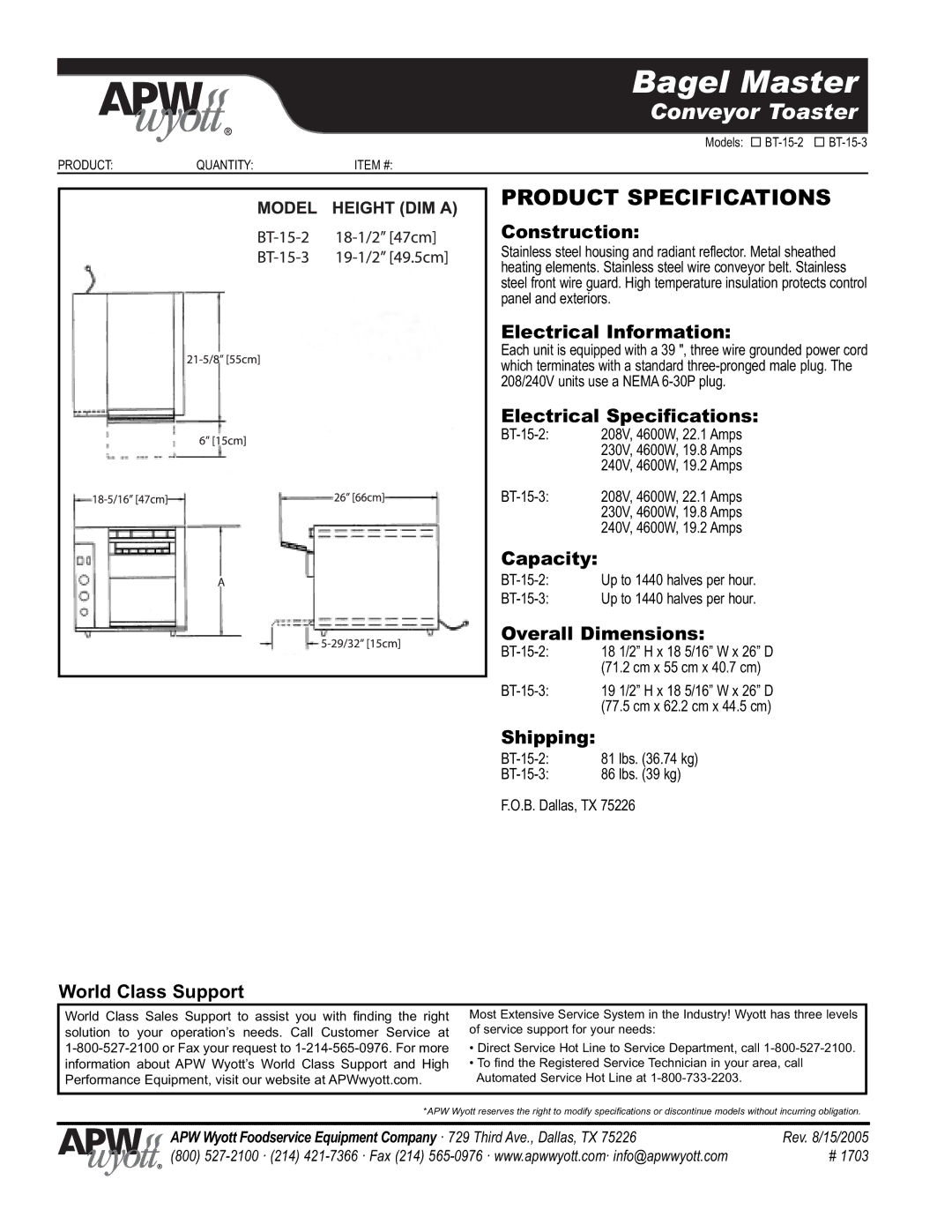 APW Wyott BT-15-3 Construction, Electrical Information, Electrical Specifications, Capacity, Overall Dimensions, Shipping 