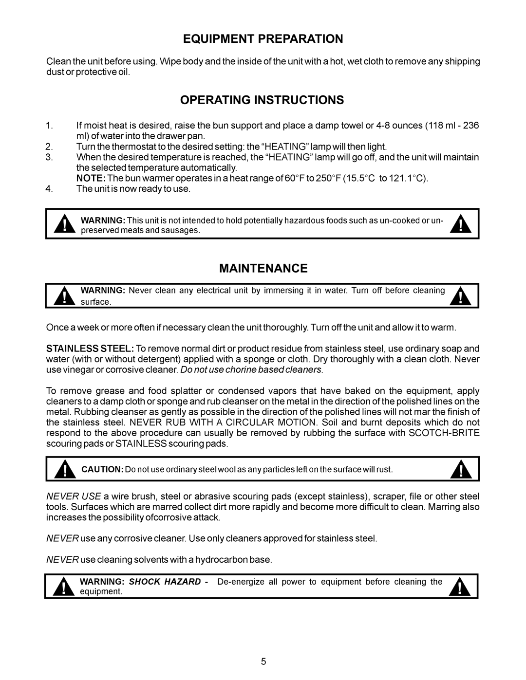 APW Wyott BW-30 operating instructions Equipment Preparation Operating Instructions Maintenance 