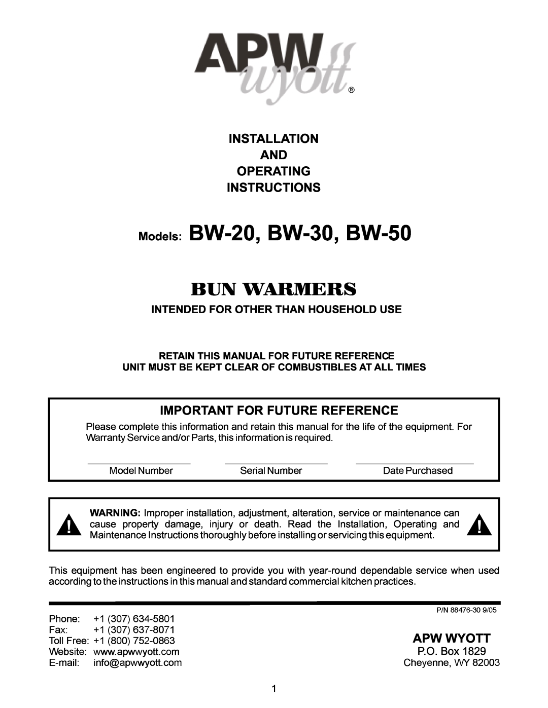 APW Wyott BW-30 operating instructions Installation And Operating Instructions, Intended For Other Than Household Use 