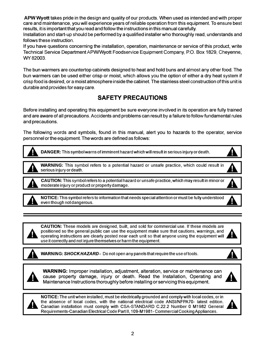 APW Wyott BW-30 operating instructions Safety Precautions, WARNING Improper 