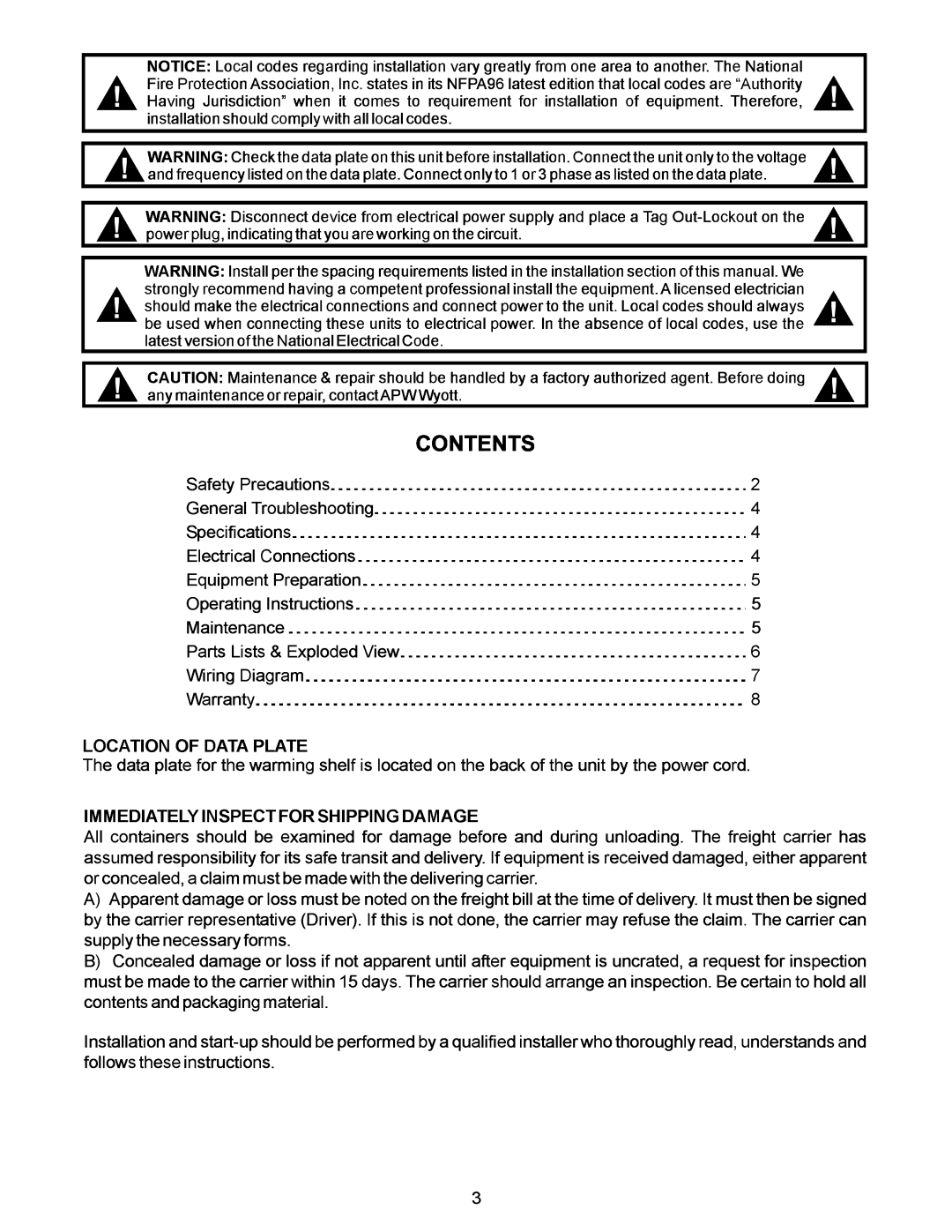 APW Wyott BW-30 operating instructions Contents 