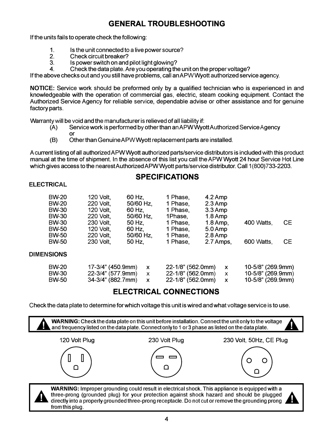 APW Wyott BW-30 operating instructions General Troubleshooting Specifications, Electrical Connections 