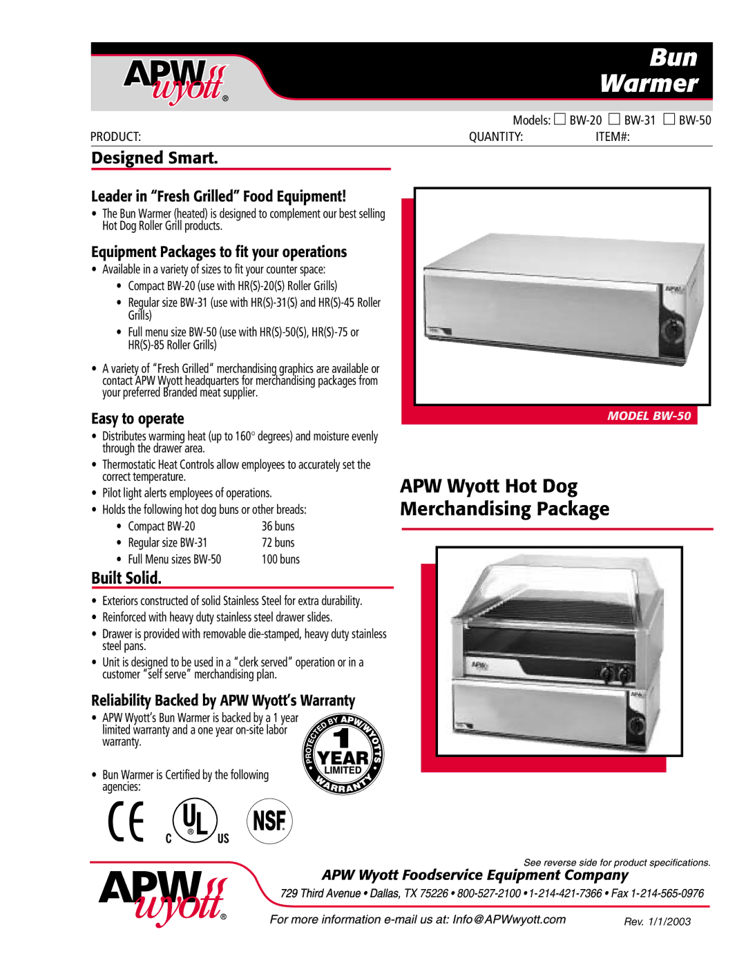 APW Wyott BW-20, BW-31, BW-50 warranty Designed Smart, Built Solid 