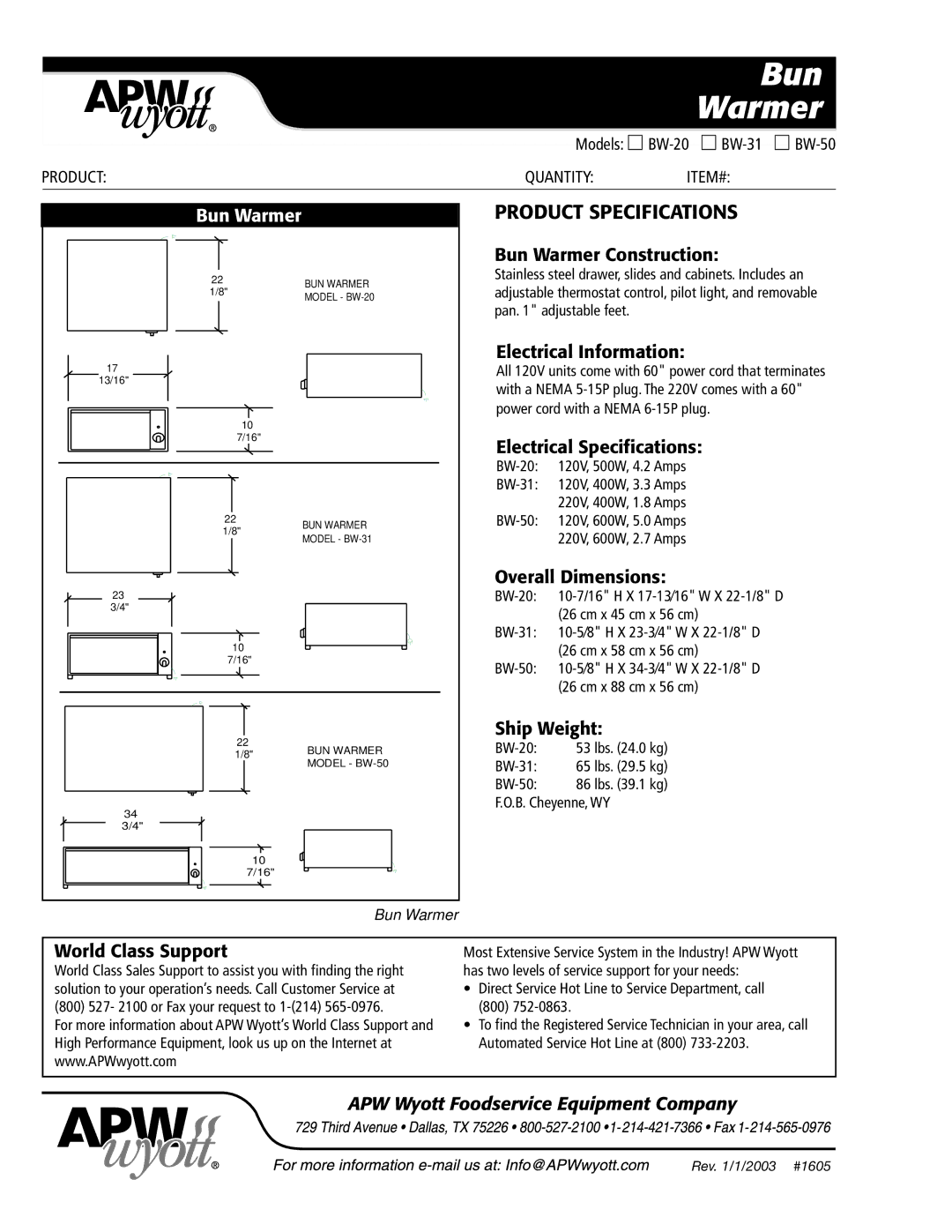 APW Wyott BW-50, BW-31 Bun Warmer Construction, Electrical Information, Electrical Specifications, Overall Dimensions 