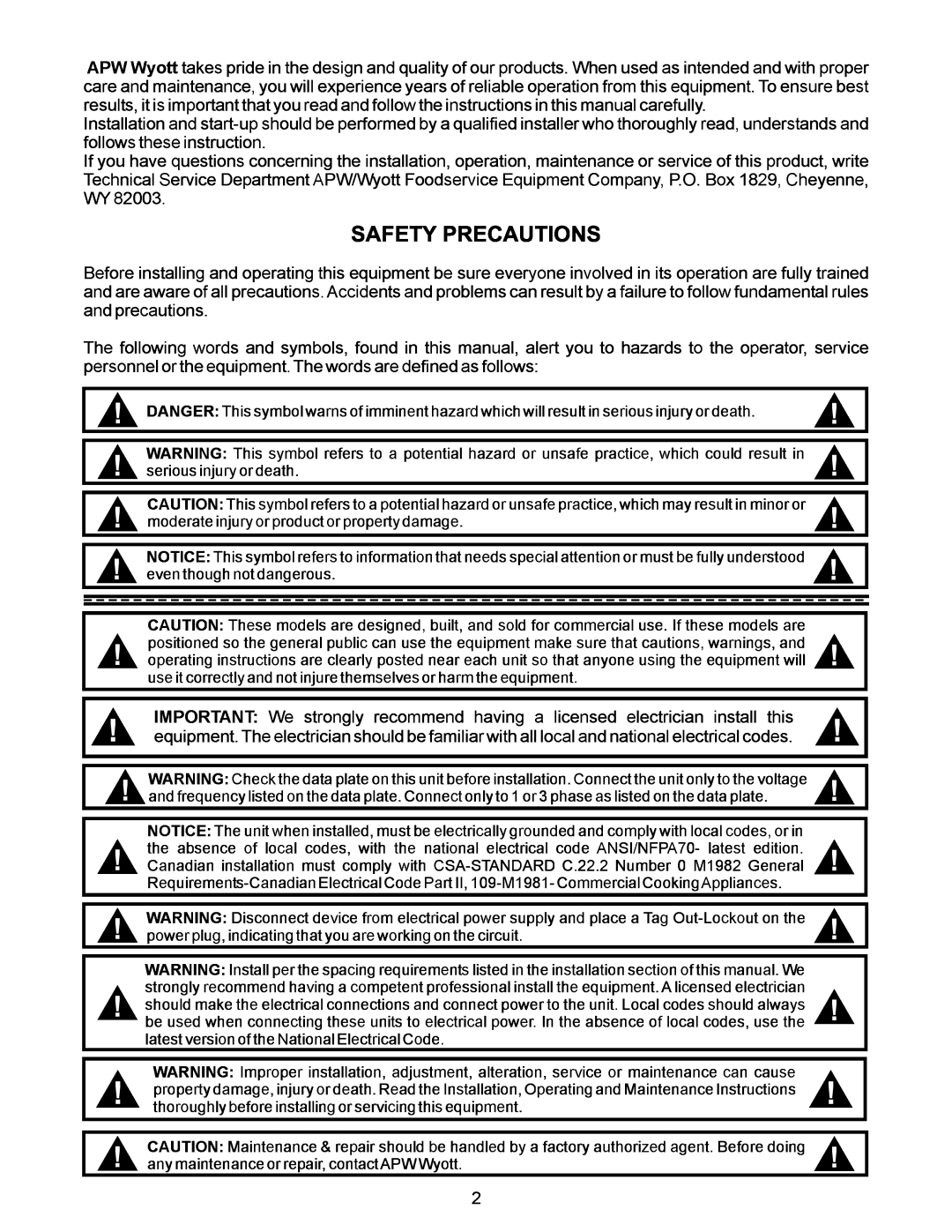 APW Wyott CCW MK VII, RCCW MK VII, LCCW MK VII, RLCCW MK VII manual Safety Precautions 