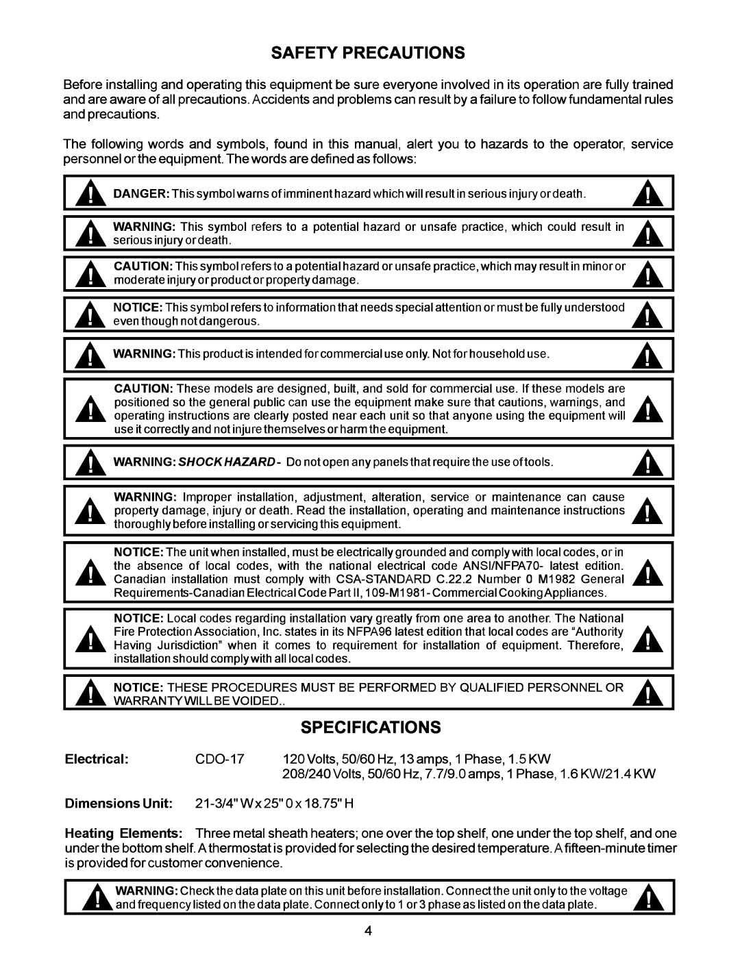 APW Wyott CDO-17 operating instructions Safety Precautions, Specifications 
