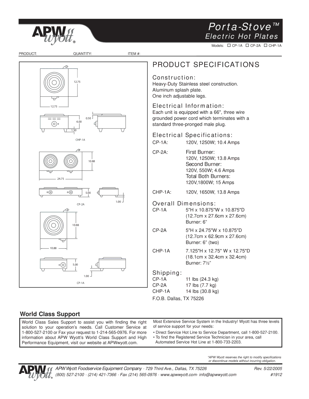 APW Wyott CP-2A Construction, Electrical Information, Electrical Specifications, First Burner, Second Burner, Shipping 