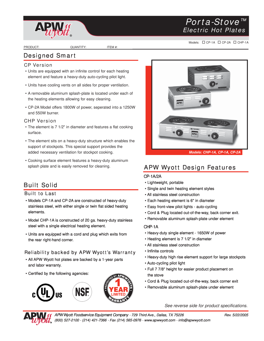 APW Wyott CP-1A warranty Porta-Stove, Electric Hot Plates, Designed Smart, Built Solid, APW Wyott Design Features, CHP-1A 