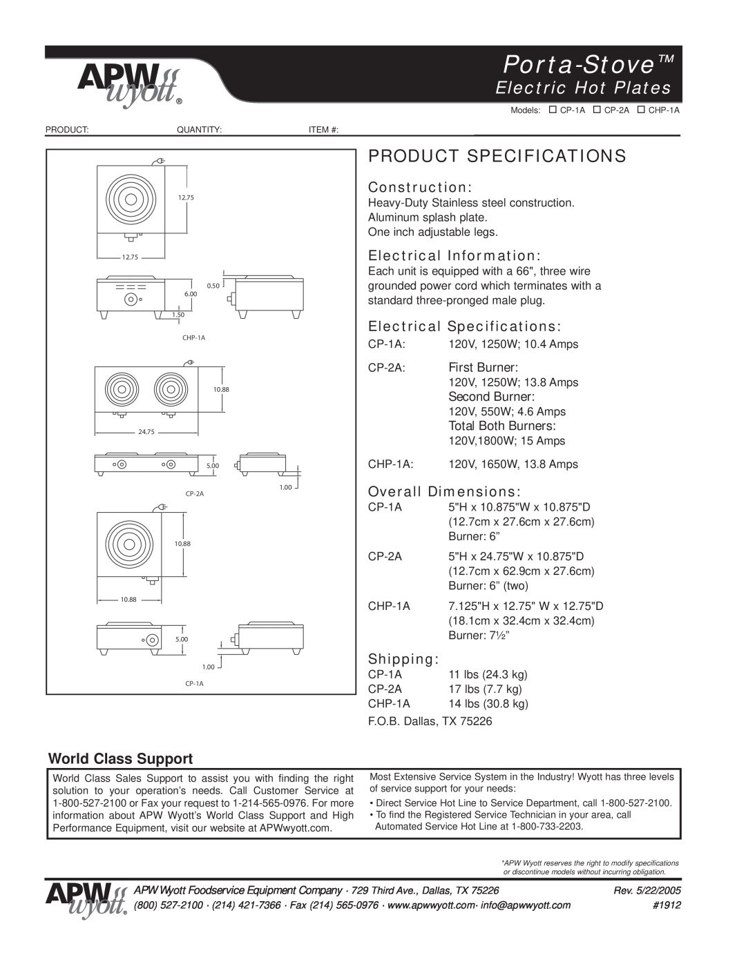 APW Wyott CP-2A Product Specifications, Construction, Electrical Information, Electrical Specifications, First Burner 