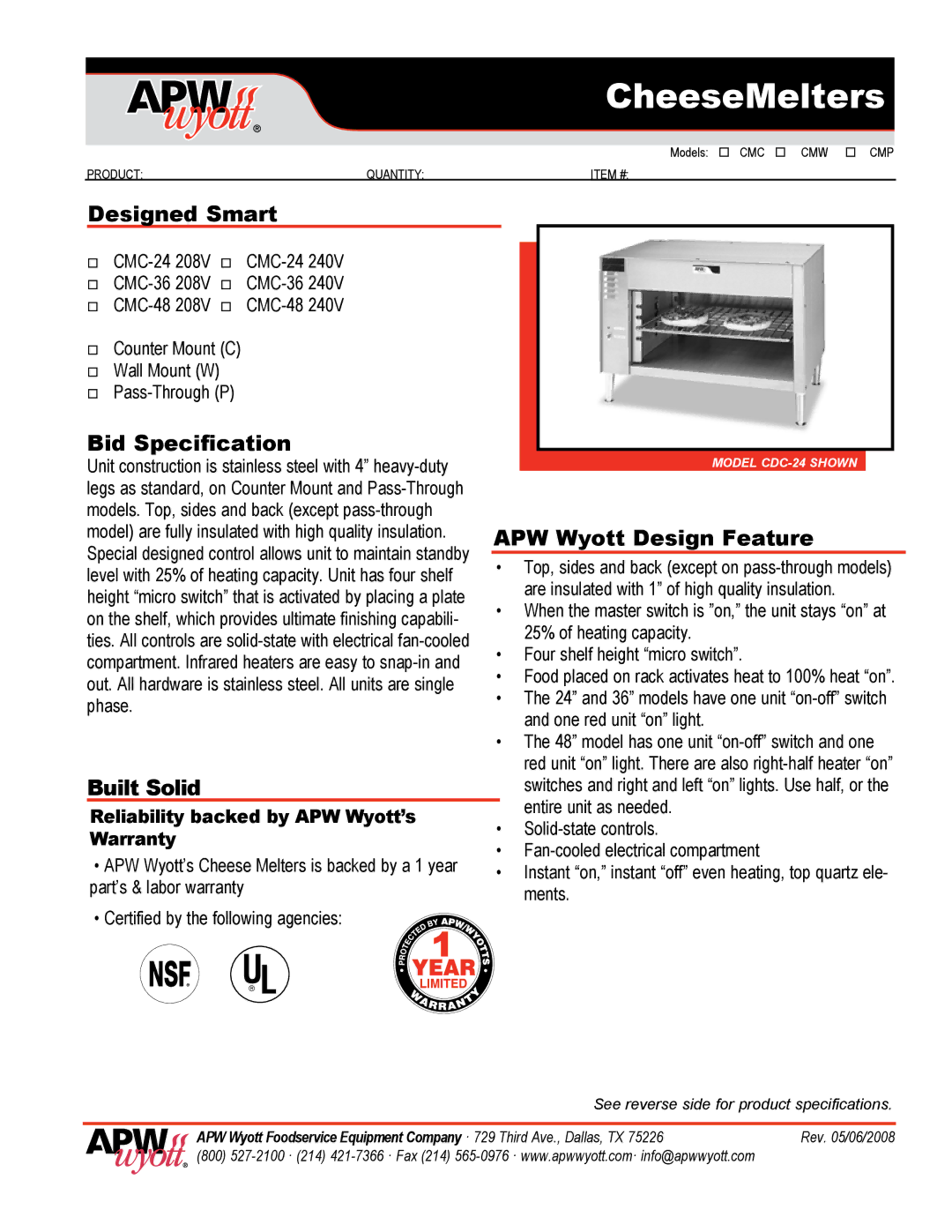 APW Wyott CMP, CMC, CMW warranty Designed Smart, Bid Specification, Built Solid, APW Wyott Design Feature 