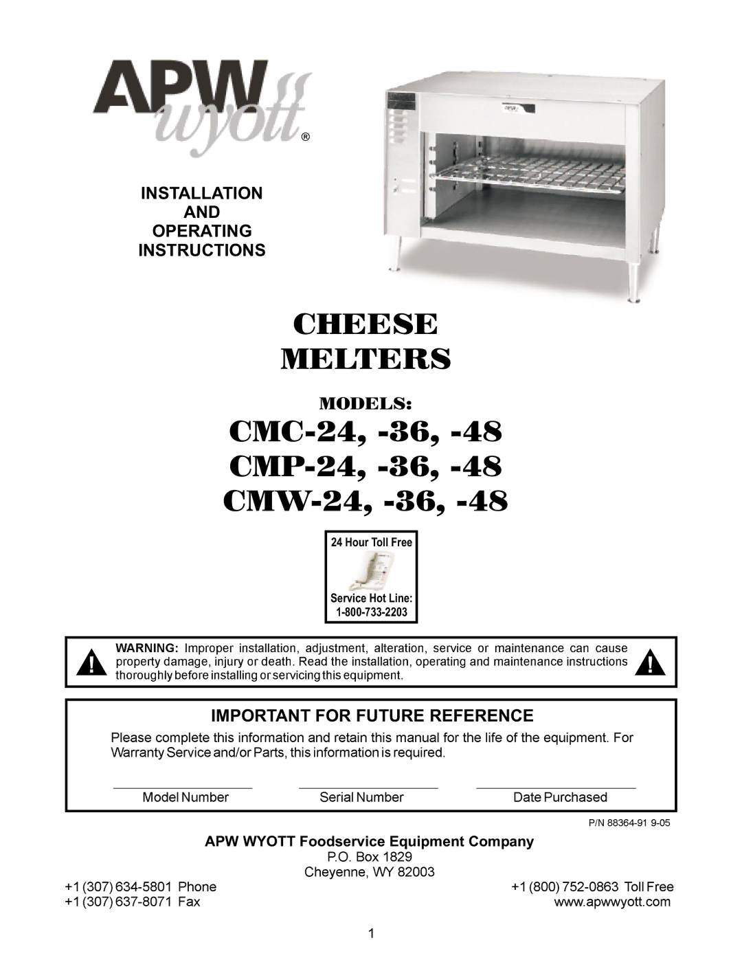 APW Wyott CMC-48, CMW-48, CMP-48, CMW-36, CMP-36 manual Installation Operating Instructions, Important for Future Reference 