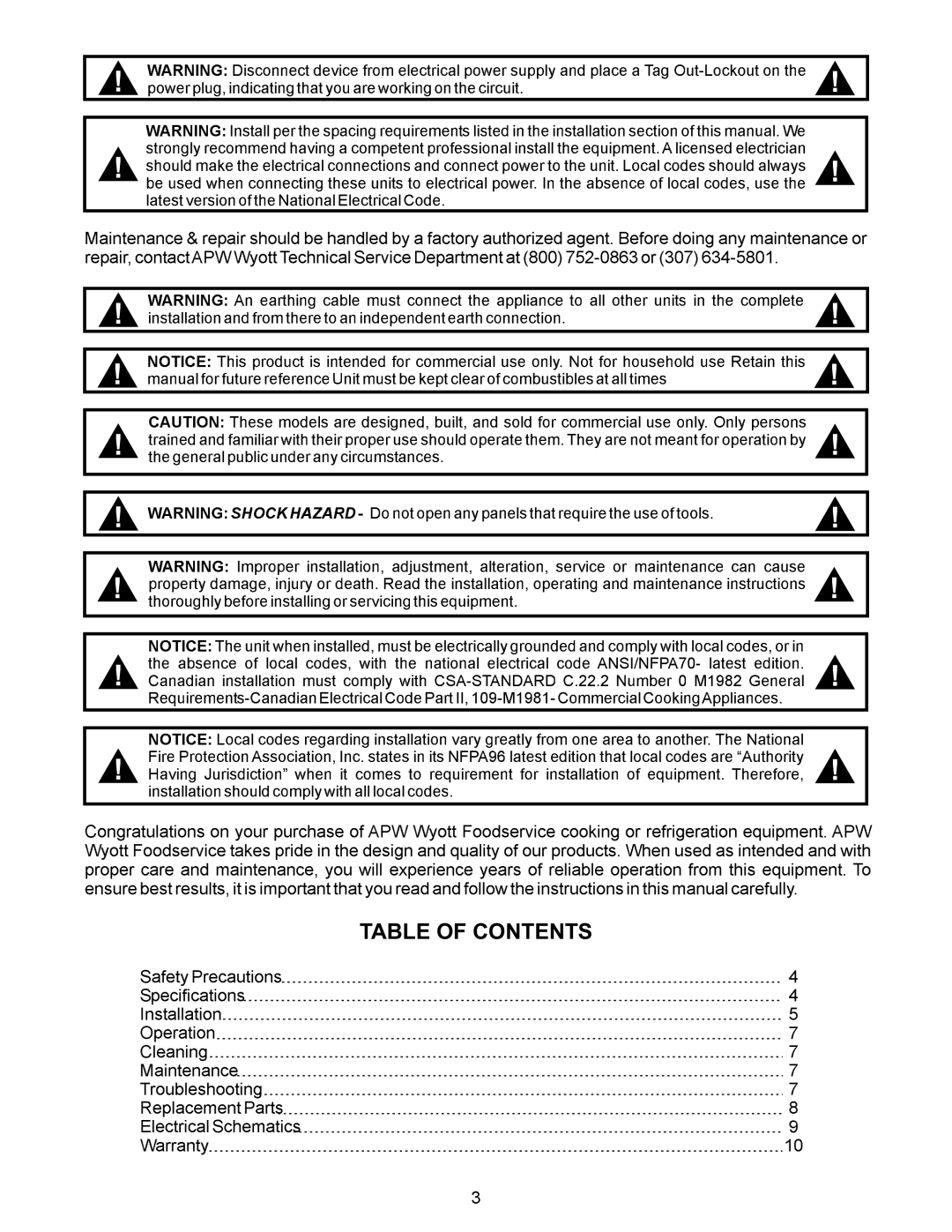 APW Wyott CMW-36, CMW-48, CMC-48, CMP-48, CMP-36, CMC-36, CMC-24, CMP-24, CMW-24 manual Table of Contents 