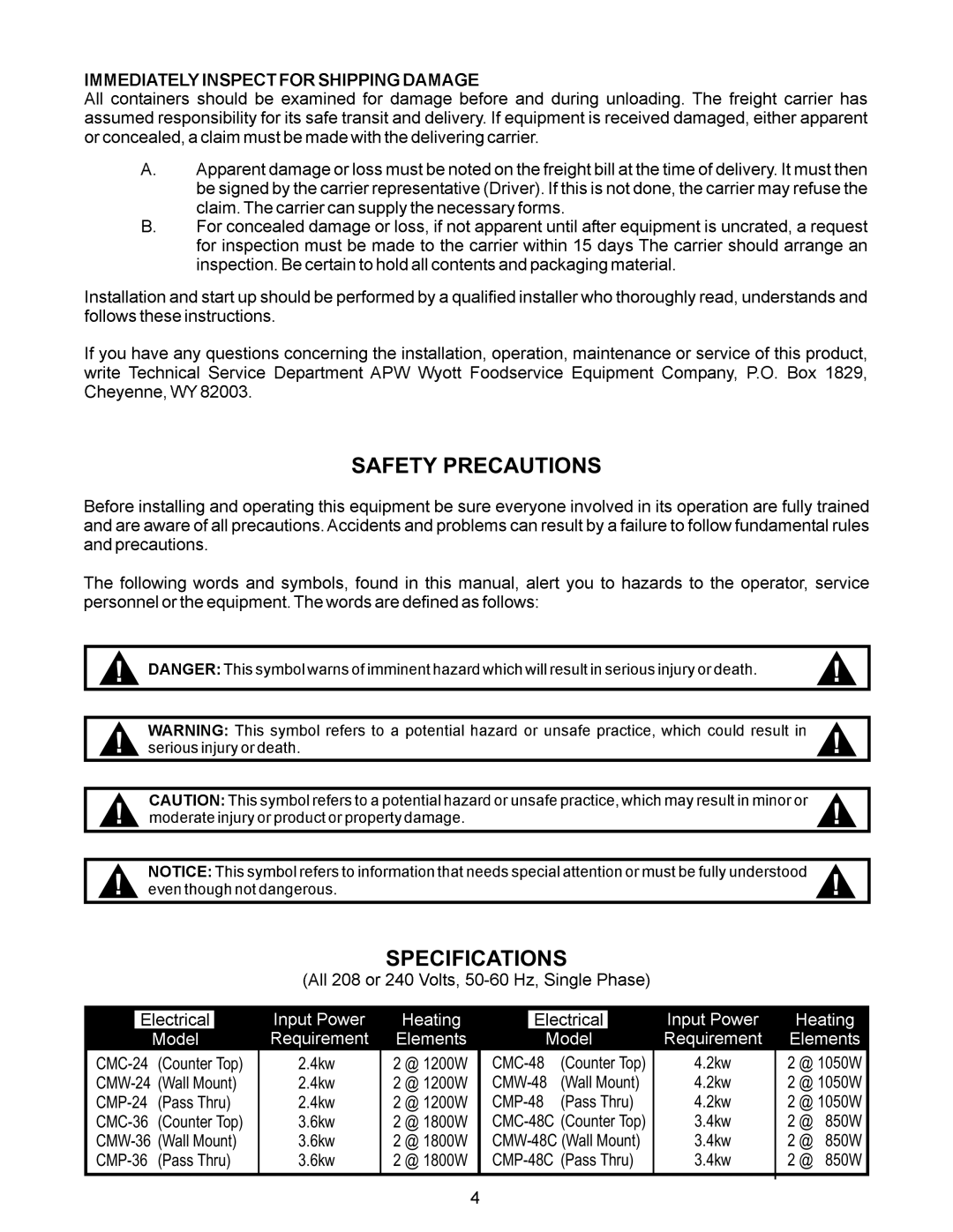 APW Wyott CMP-36, CMW-48, CMC-48, CMW-36, CMC-36, CMC-24, CMP-24, CMW-24 manual Safety Precautions Specifications, CMP-48C 