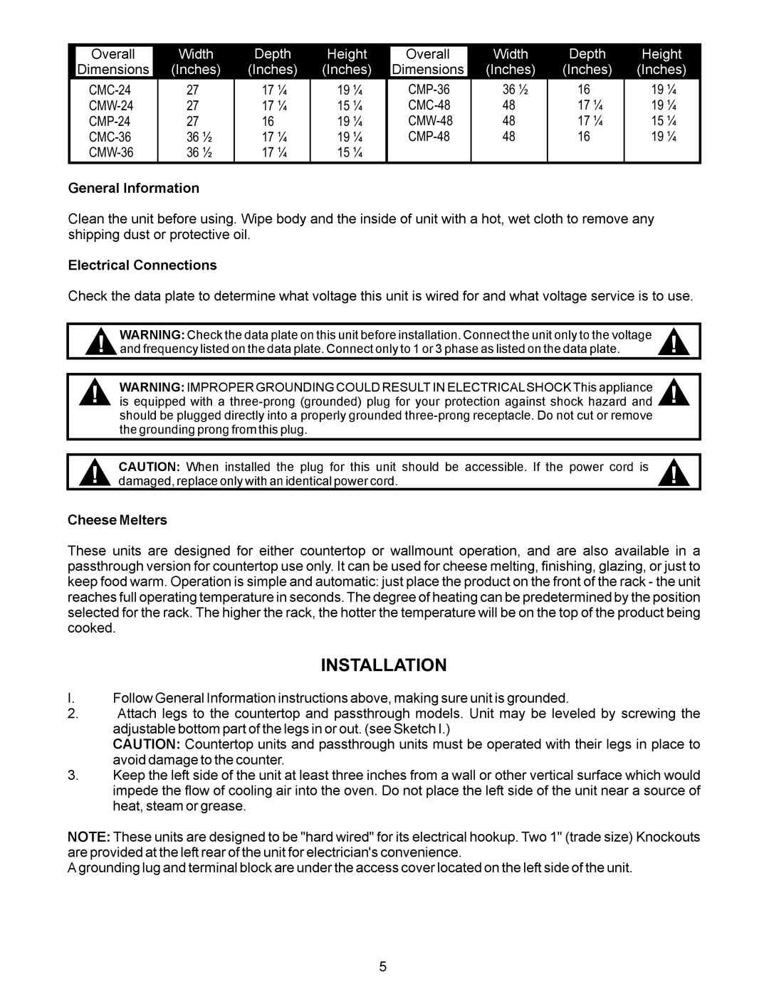 APW Wyott CMC-36, CMW-48, CMC-48, CMP-48, CMW-36, CMP-36, CMC-24, CMP-24, CMW-24 manual Installation 