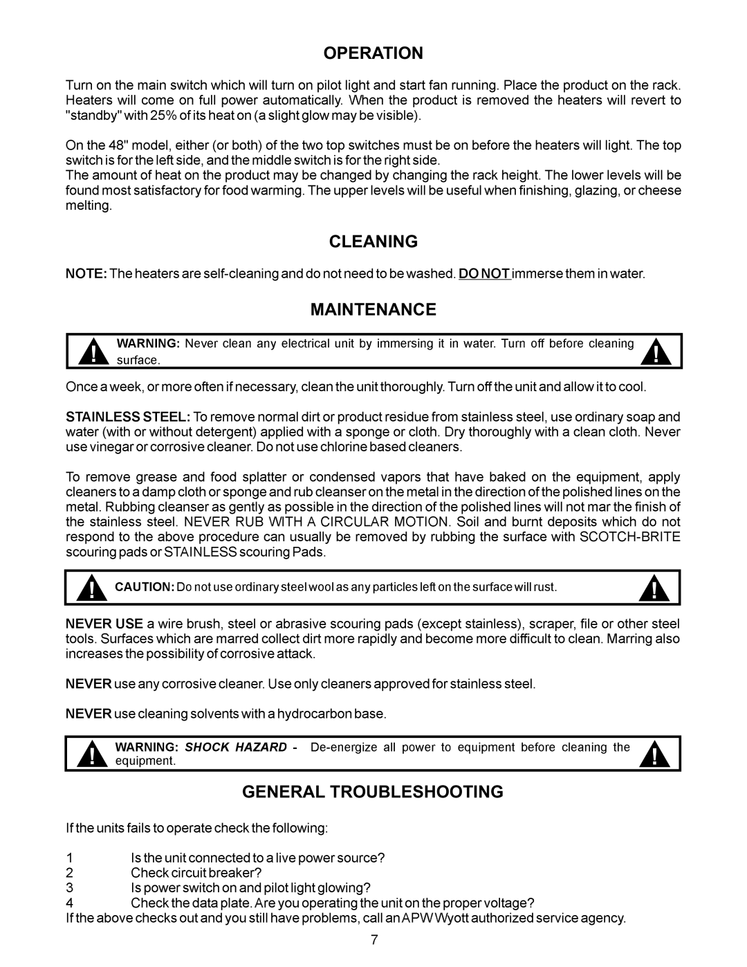 APW Wyott CMP-24, CMW-48, CMC-48, CMP-48, CMW-36, CMP-36, CMC-36, CMC-24 Operation CLE Ning Maintenance General Troubleshooting 