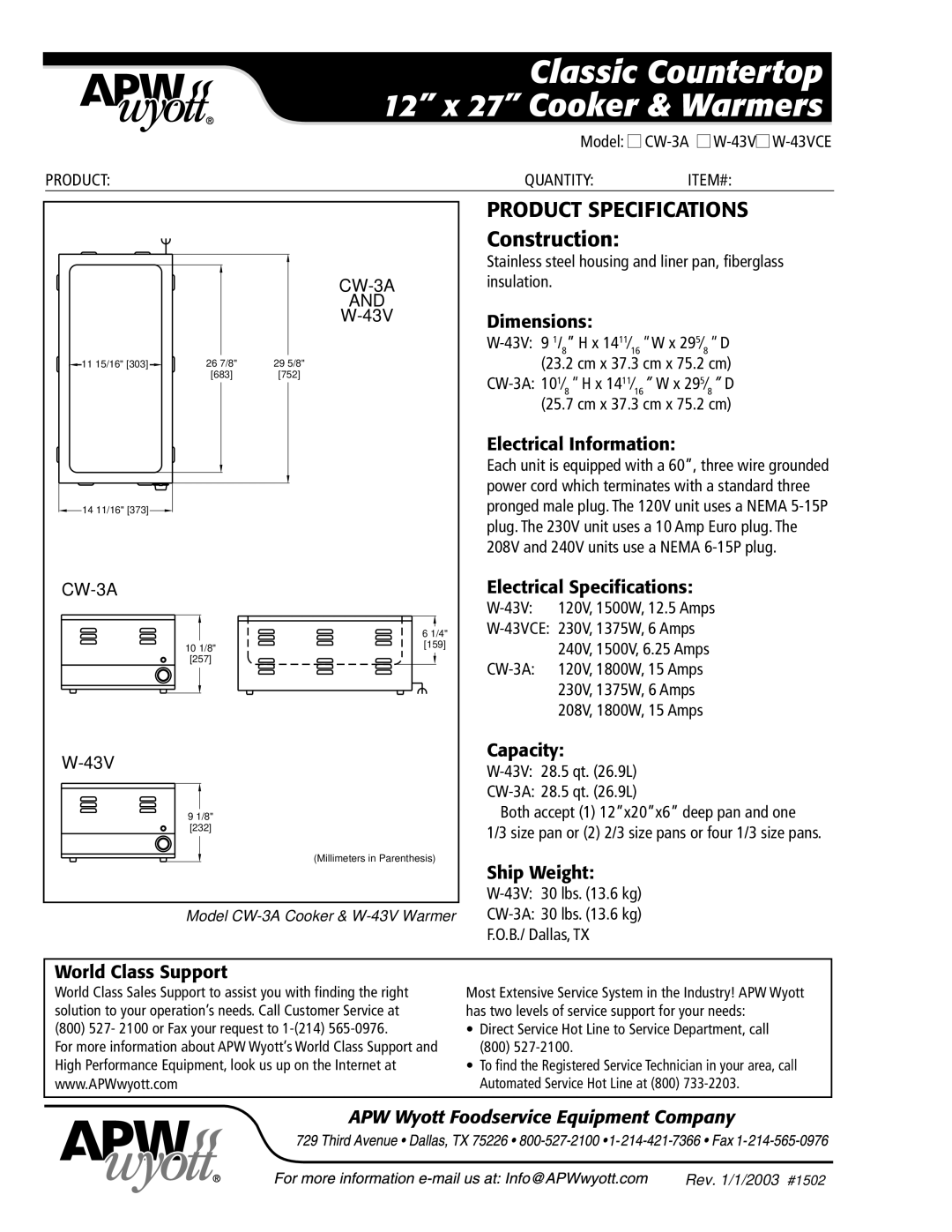 APW Wyott W-43V Dimensions, Electrical Information, Electrical Specifications, Capacity, Ship Weight, World Class Support 