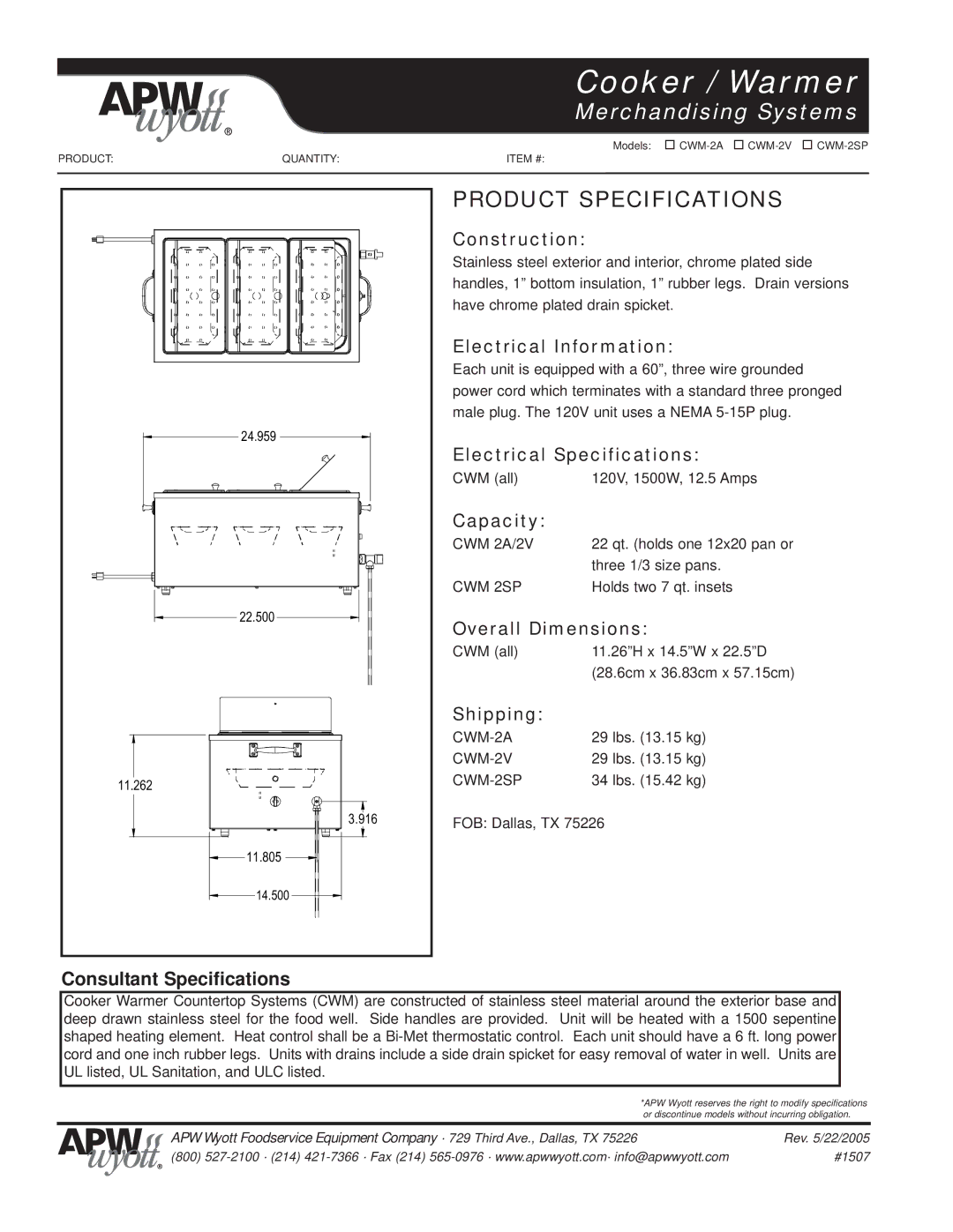 APW Wyott CWM-2V Construction, Electrical Information, Electrical Specifications, Capacity, Overall Dimensions, Shipping 