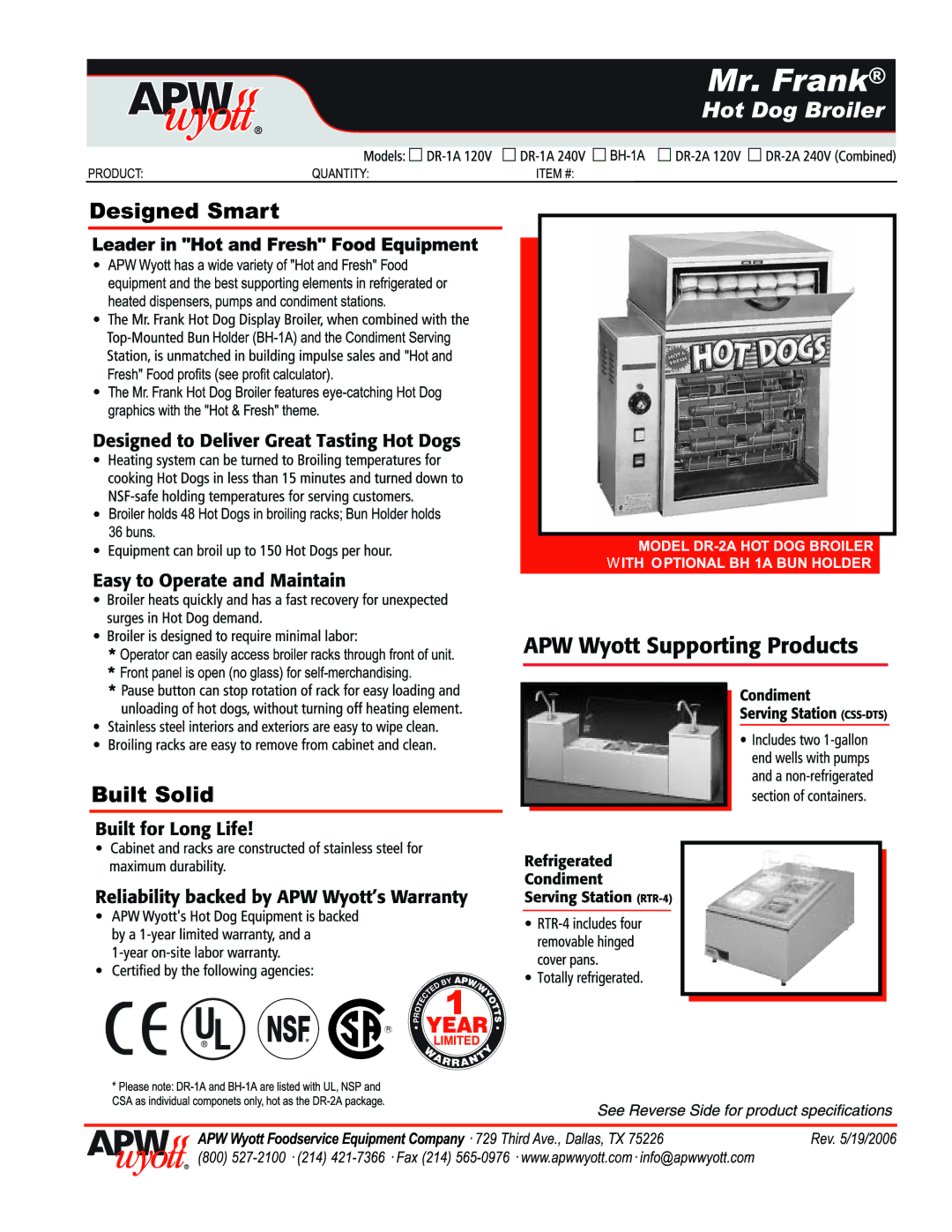 APW Wyott BH-1A, DR-1A 240V, DR-2A 240V, DR-2A 120V, DR-1A 120V manual 