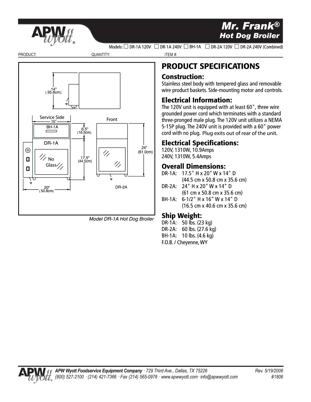 APW Wyott DR-2A 240V, DR-1A 240V, BH-1A, DR-2A 120V, DR-1A 120V manual 