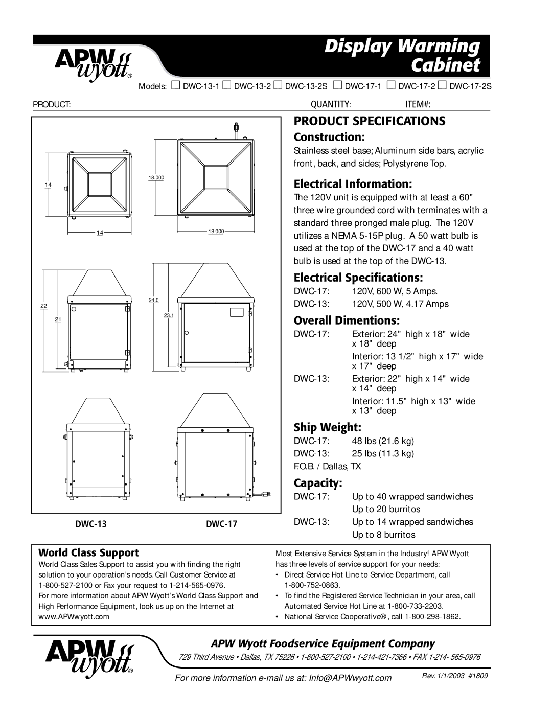 APW Wyott DWC-13-2S, DWC-17-1, DWC-13-1, DWC-17-2S warranty Display Warming, Cabinet 