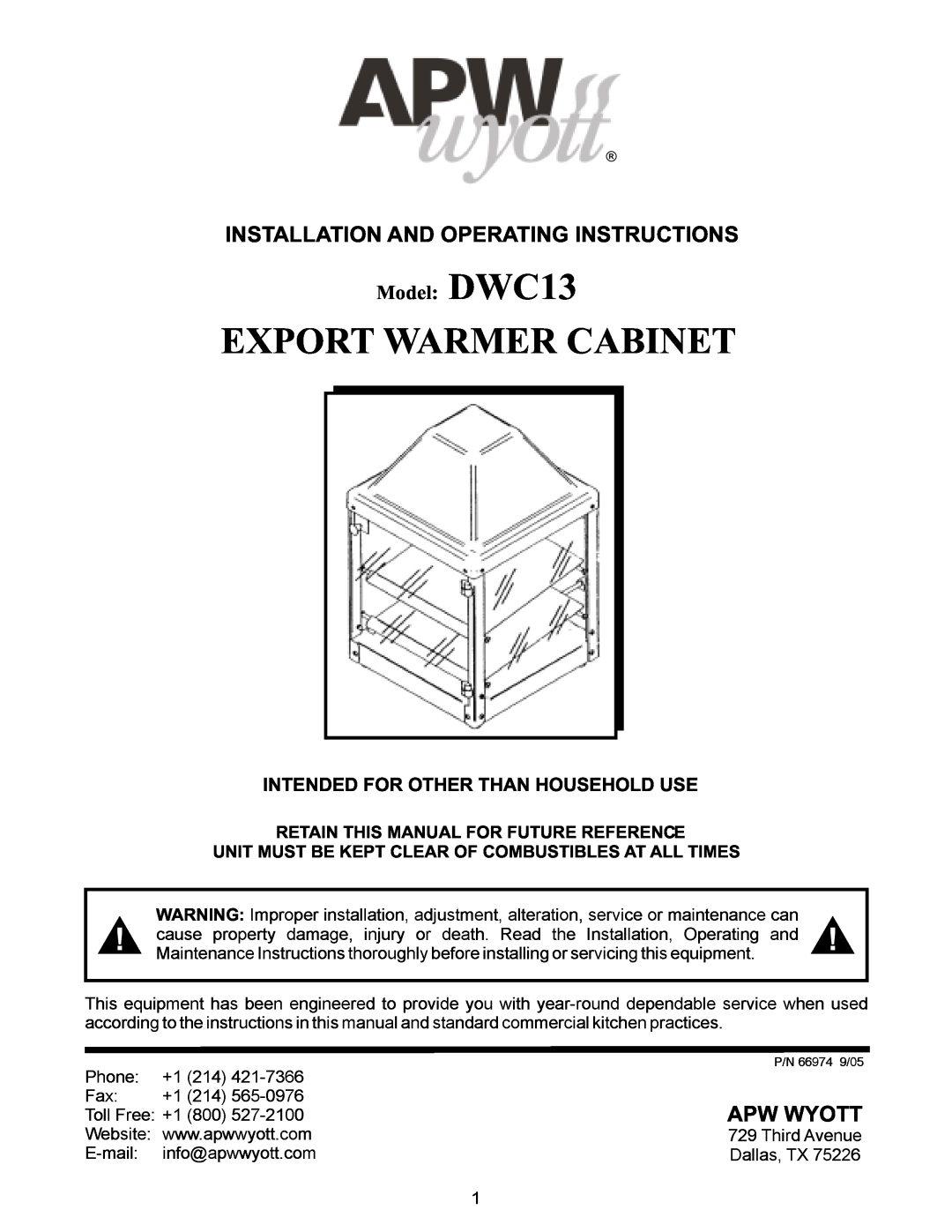APW Wyott manual ollFree +180057-2100, E-mail, Export Warmer Cabinet, Website www, Model DWC13, ThisPon, 421650976 