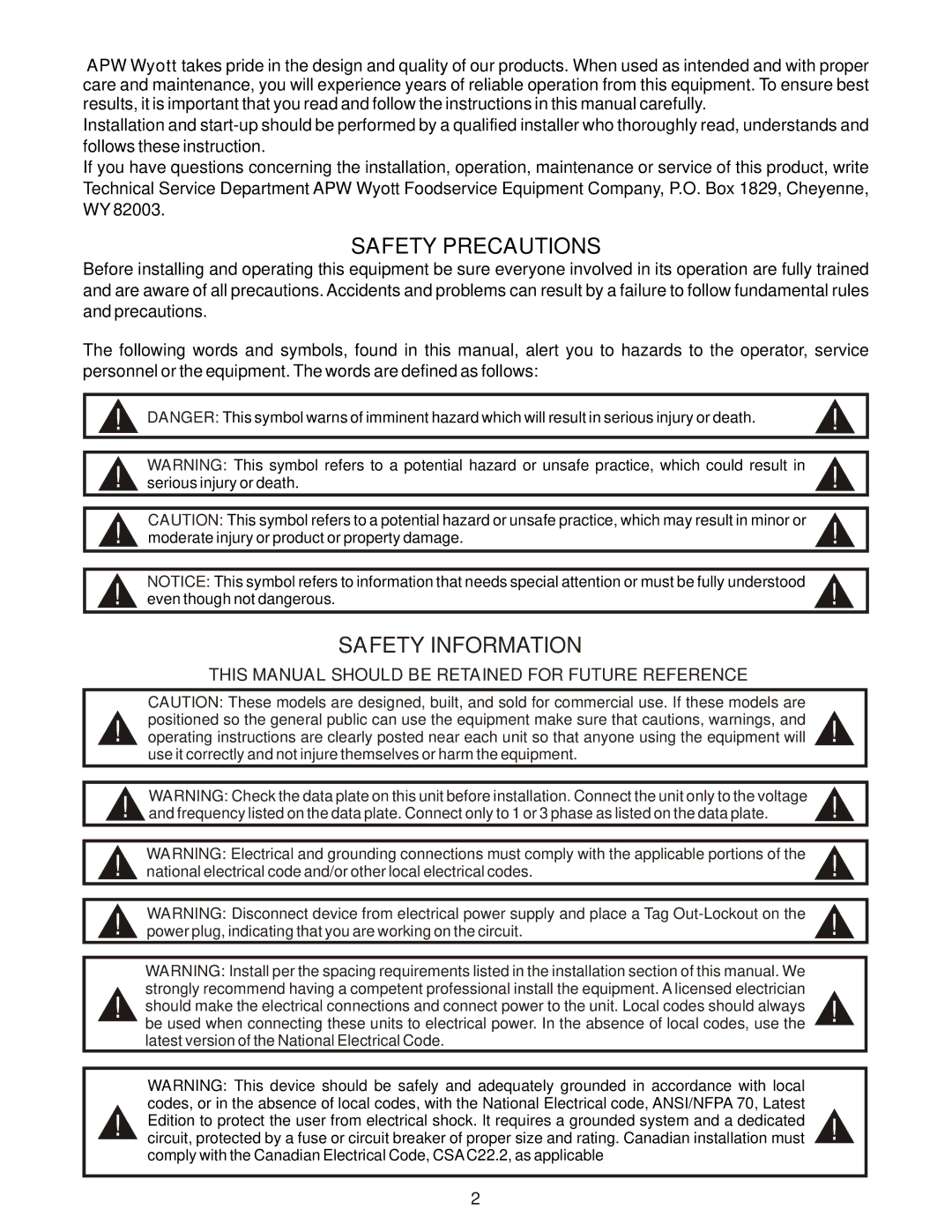 APW Wyott EF-30 operating instructions Safety Precautions, Safety Information 