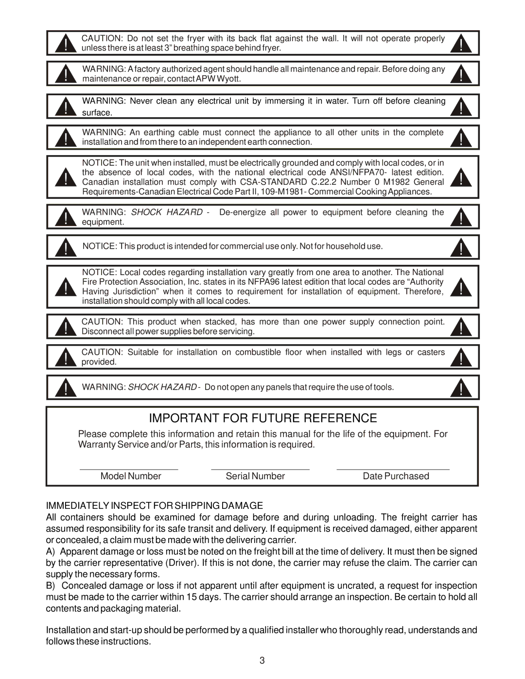 APW Wyott EF-30 operating instructions Important for Future Reference, Immediately Inspect for Shipping Damage 